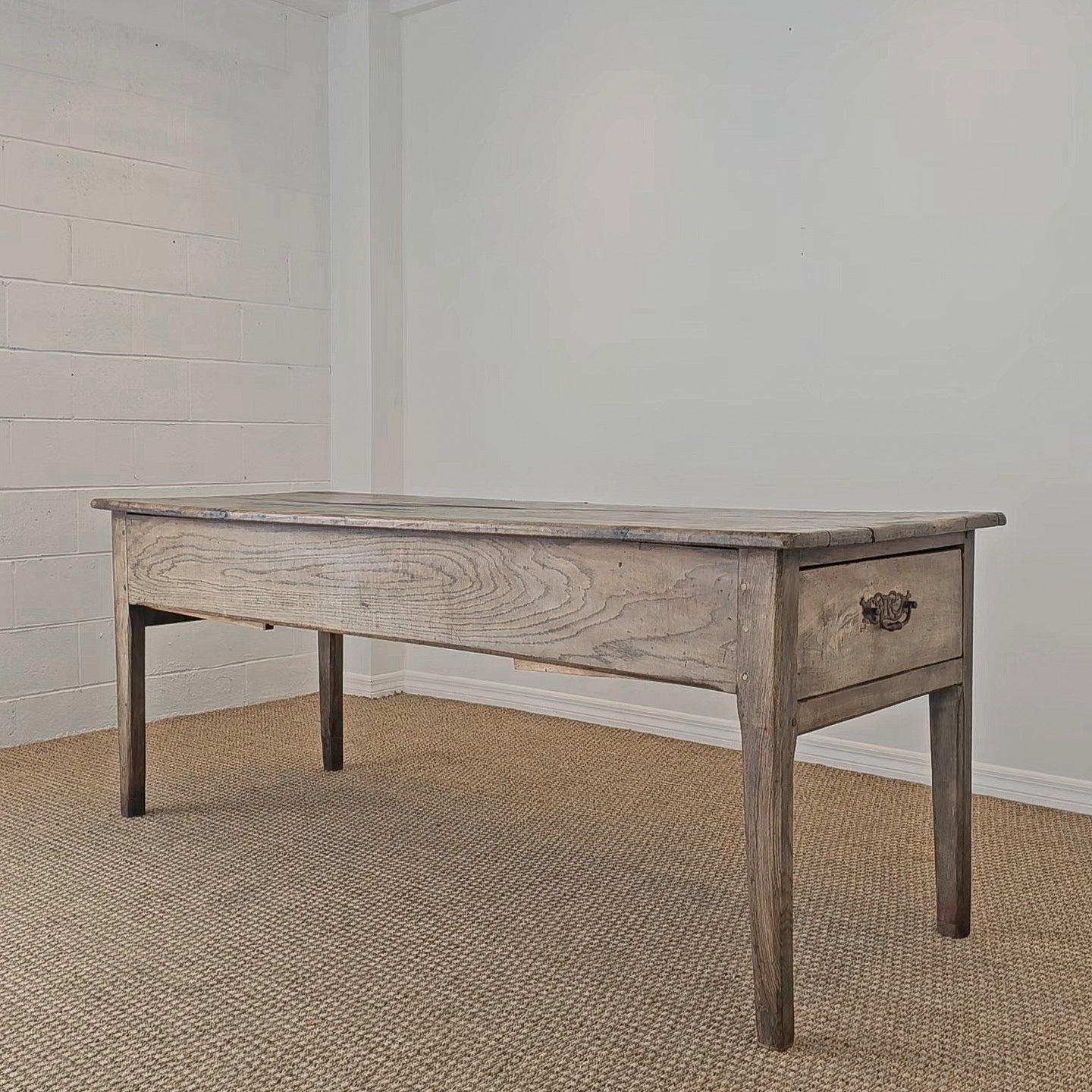 Antique French Elm Farm Dining Table with Drawers - Circa 1870