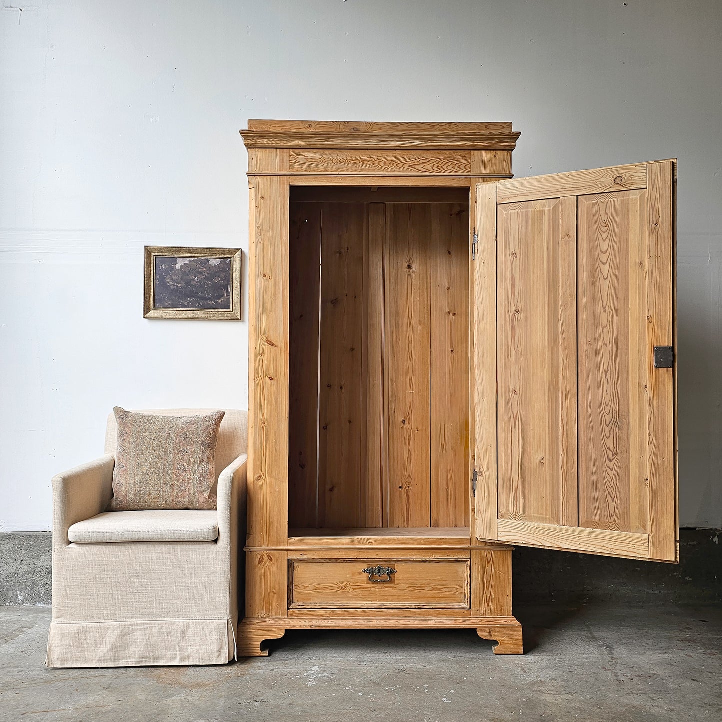 Antique pine single-door armoire cabinet