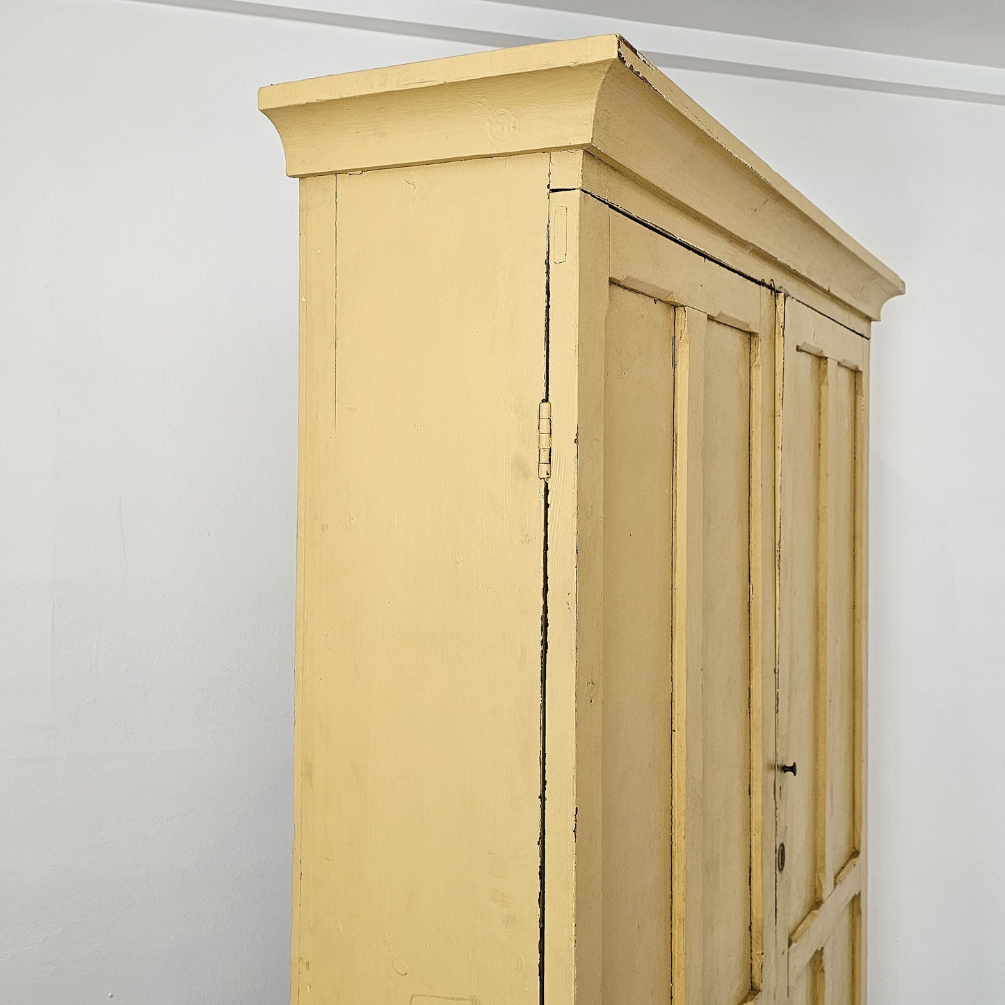Antique Pale Yellow Painted Pine Cabinet - Circa 1905