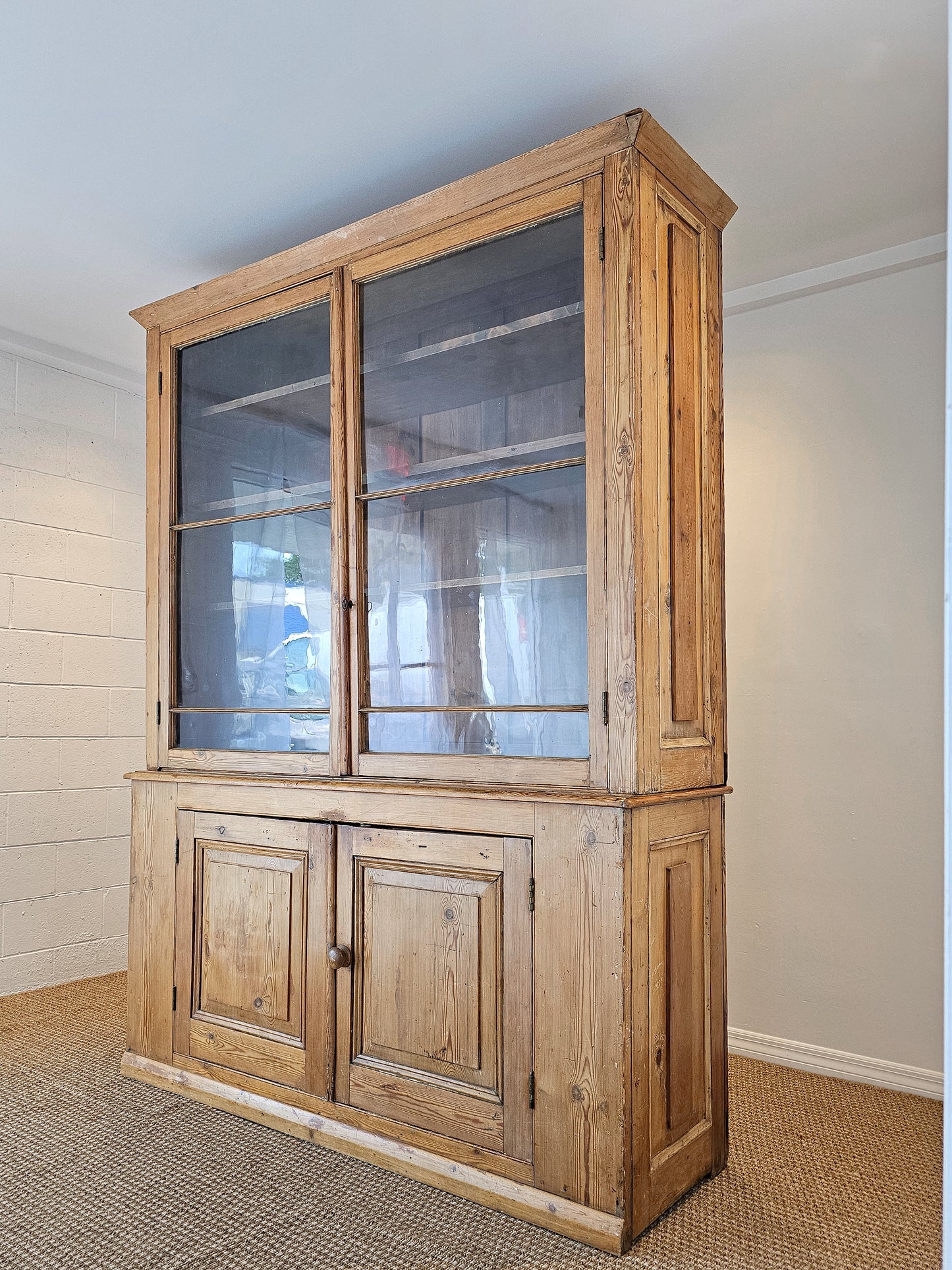 Grand Antique English Pine Cabinet with Glass Doors - Circa 1890