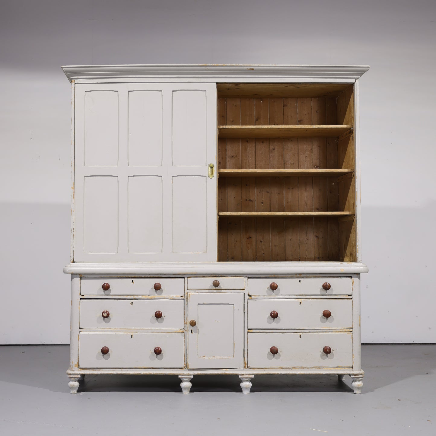 Massive Antique English Painted Pine Housekeeper’s Cupboard Sliding Doors Circa 1880