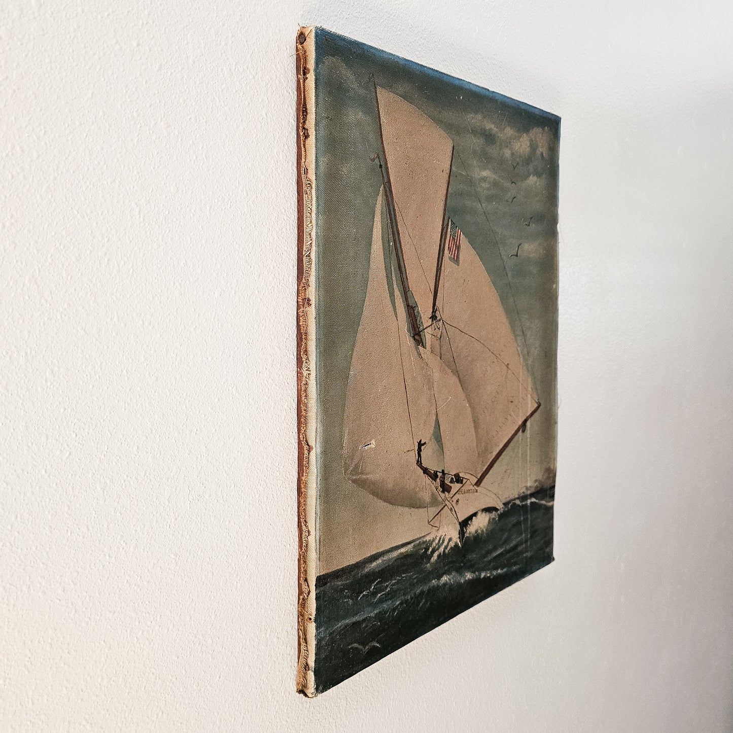 Antique Maritime Oil Painting – 19th-Century Sailing Yacht in Open Seas
