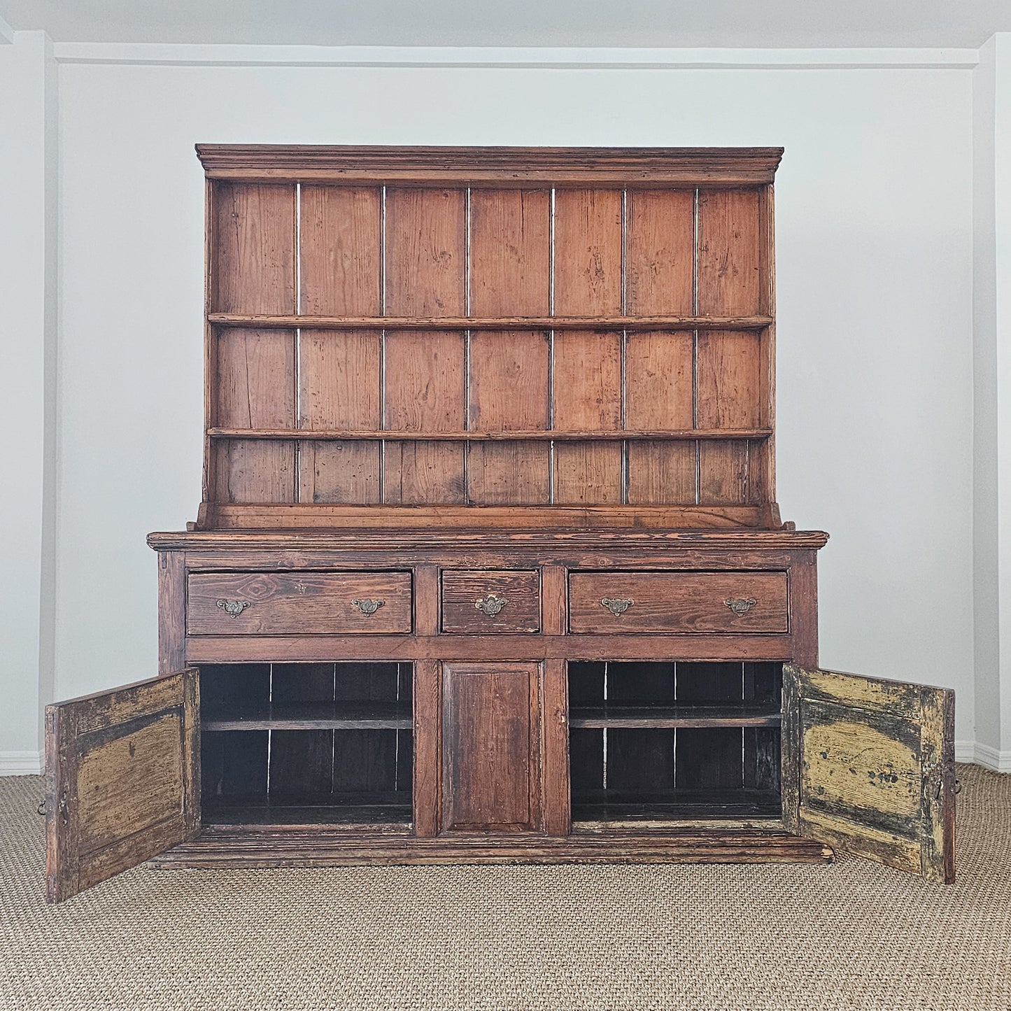 Antique Pine Cupboard & Open Plate Rack