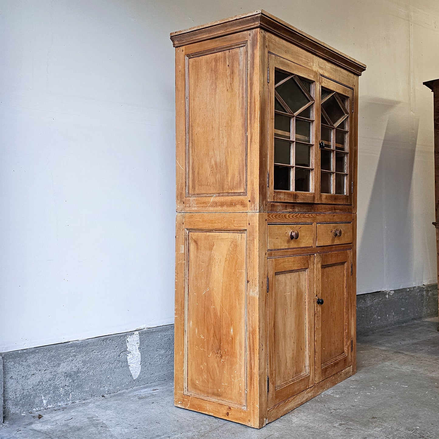 Antique English Pine Cupboard with glass doors - 1870