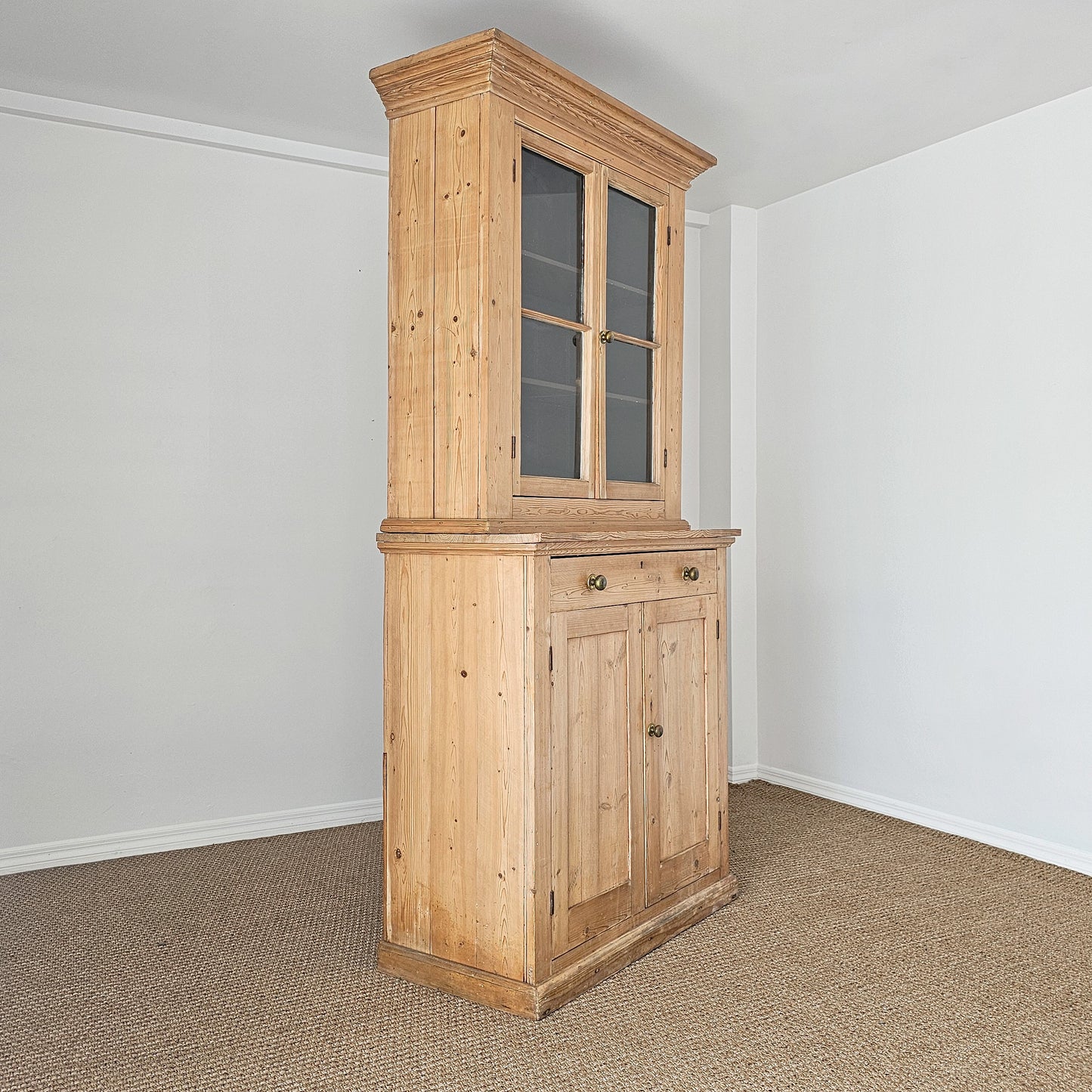 Antique English Pine Farmhouse Hutch with Glass Doors | Circa 1870
