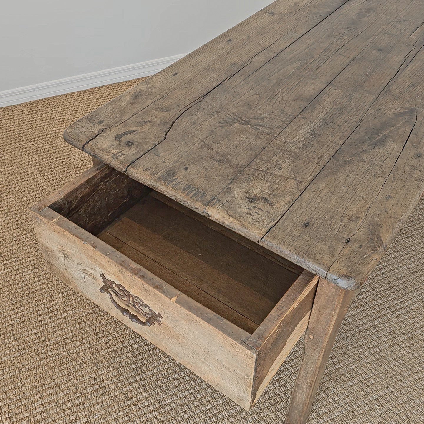 Antique French Elm Farm Dining Table with Drawers - Circa 1870