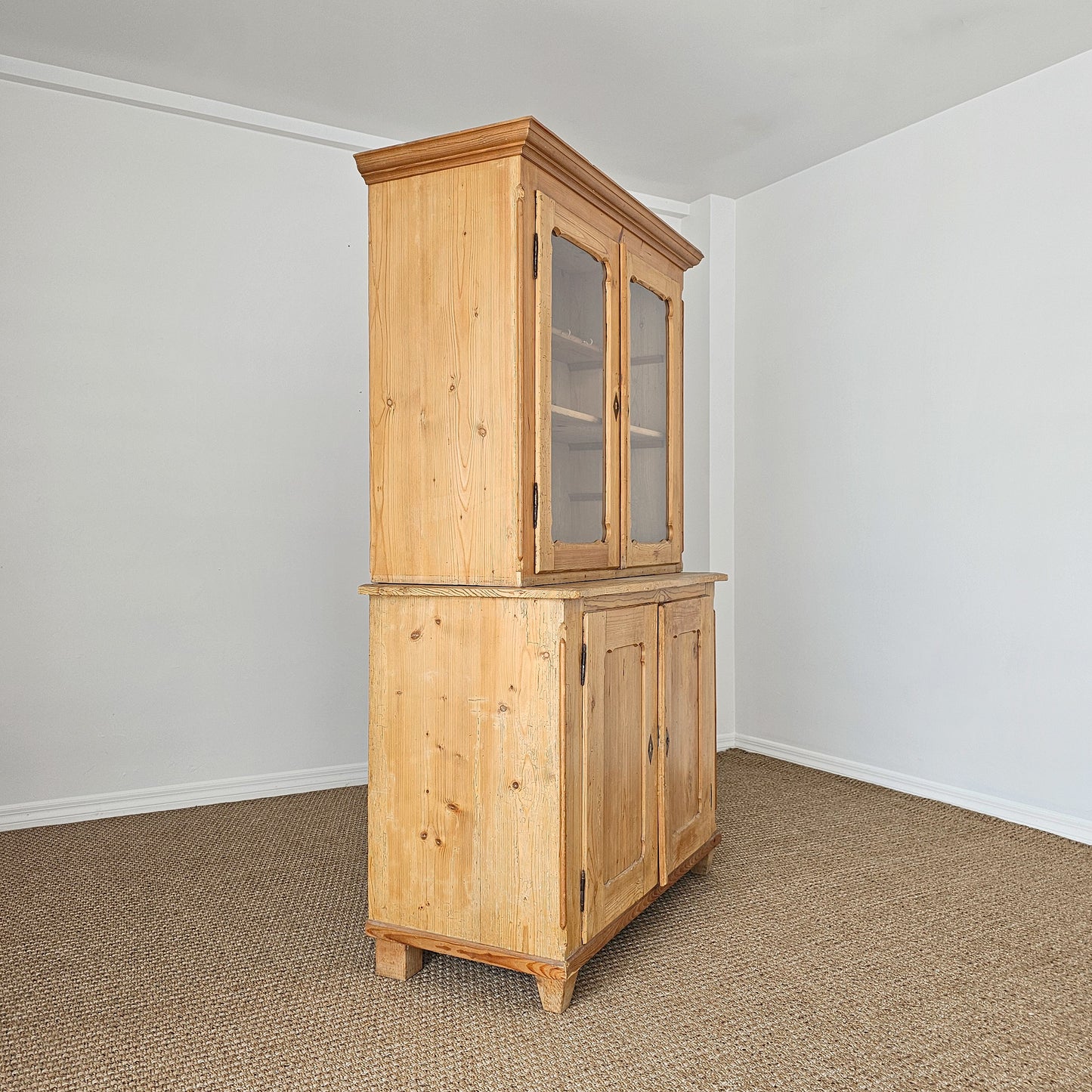 Antique Pine Glass Door Hutch Cabinet | Circa 1890