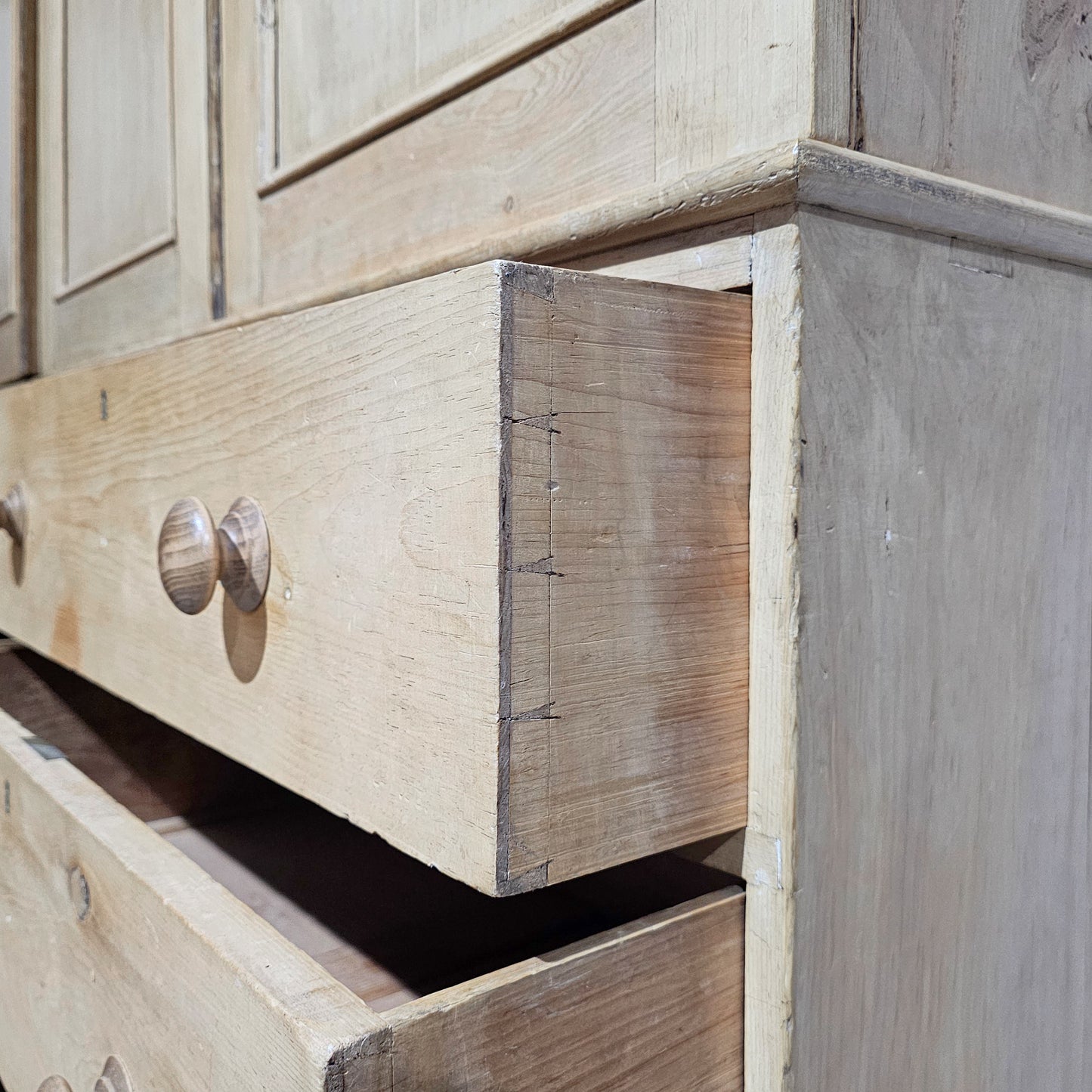 Stately Antique English Bleached Pine Linen Press Wardrobe - circa 1870