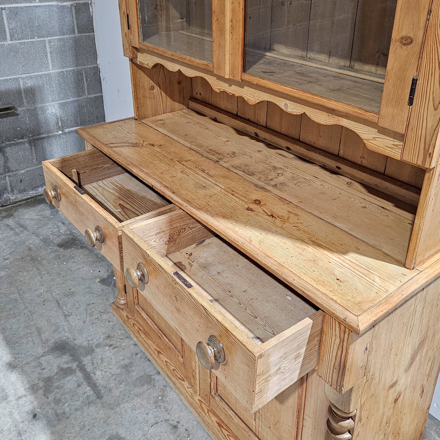 Antique English Pine Hutch with Glass Doors - Circa 1880