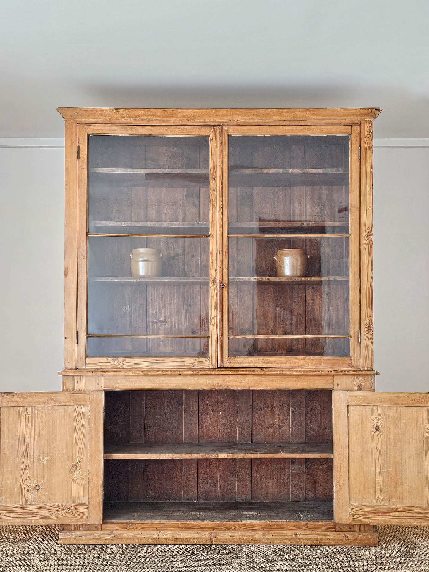 Grand Antique English Pine Cabinet with Glass Doors - Circa 1890