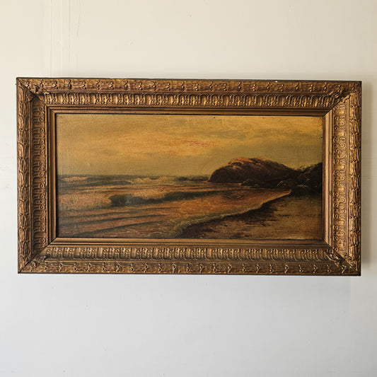 Antique Seascape Oil Painting in Ornate Gilded Frame | Moody Coastal Landscape