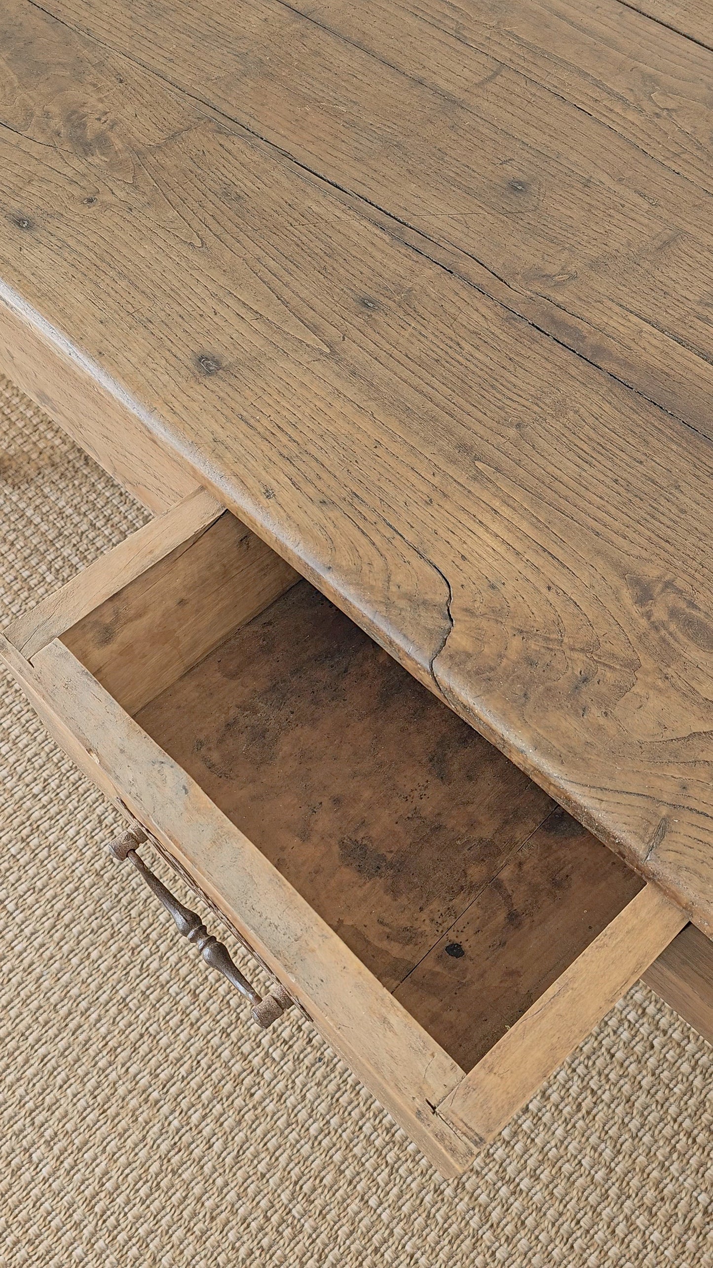 Antique French Elm Farm Dining Table with Drawers - Circa 1870