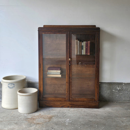 Antique Oak Bookcase Cabinet with Glass Front Doors (Circa 1930s–1940s)