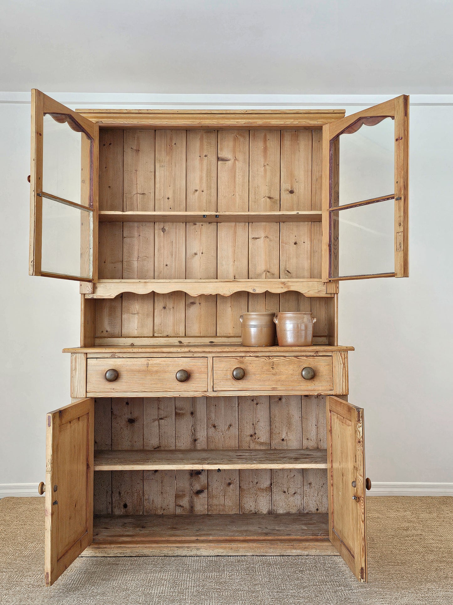 Antique English Pine Hutch with Glass Doors - Circa 1880