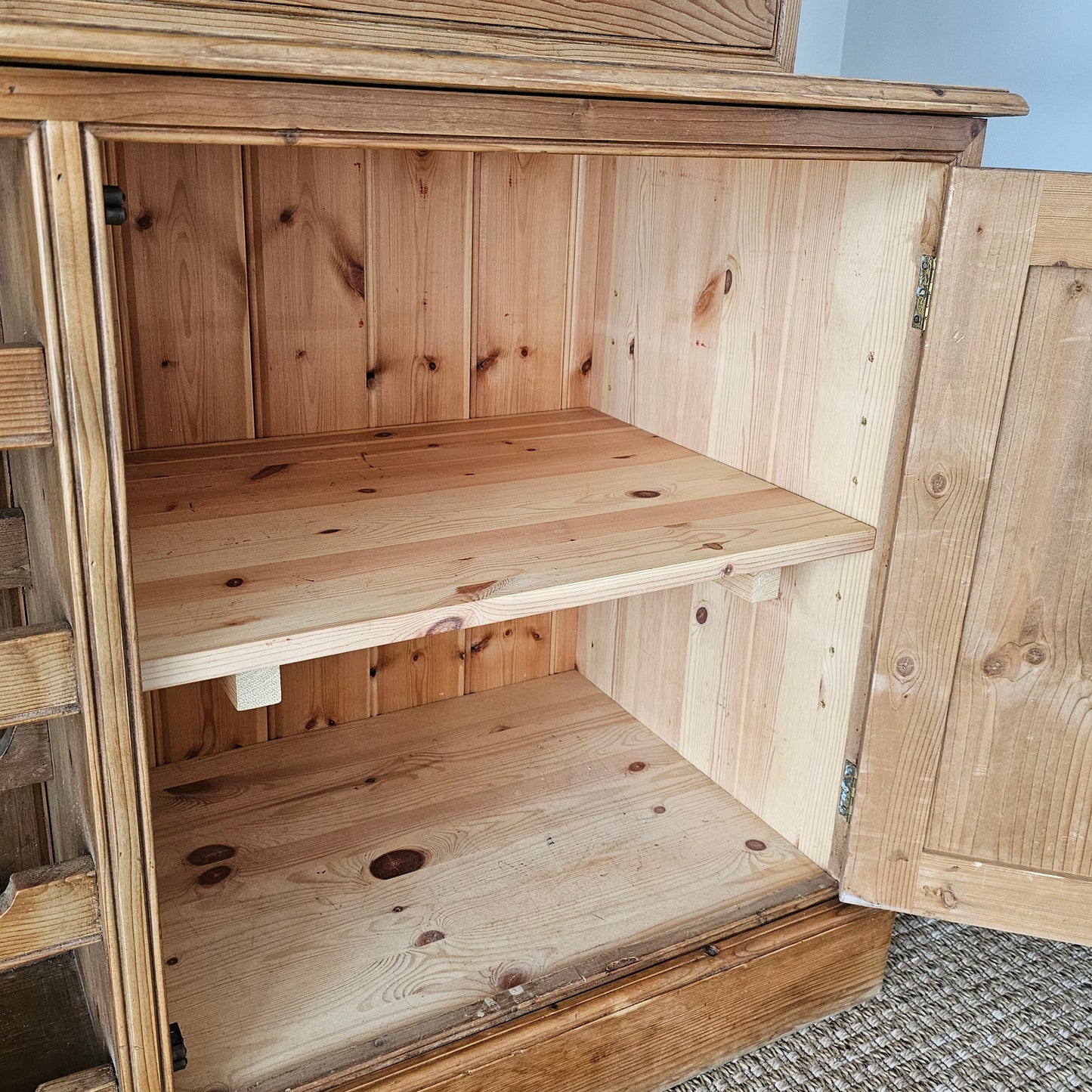 Vintage English Pine Kitchen Hutch with Plate Rack & Wine Storage