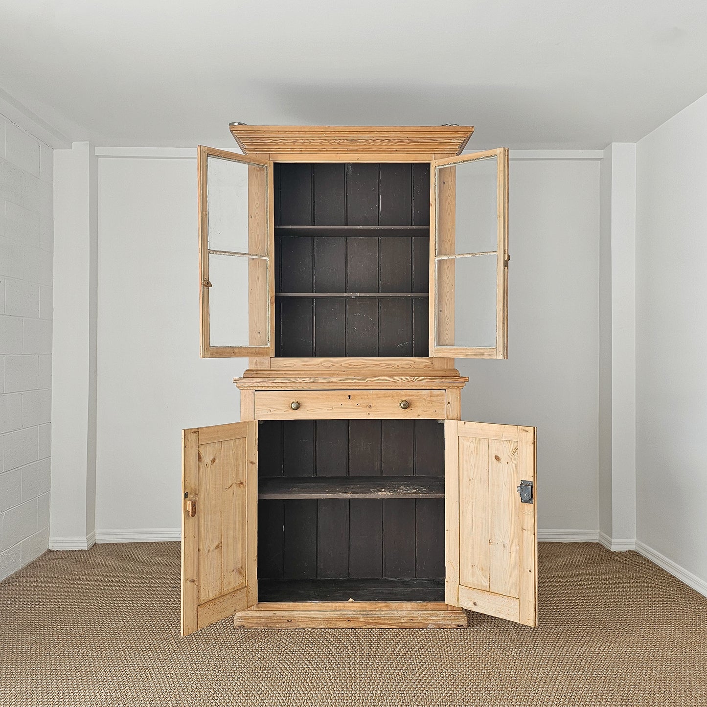 Antique English Pine Farmhouse Hutch with Glass Doors | Circa 1870