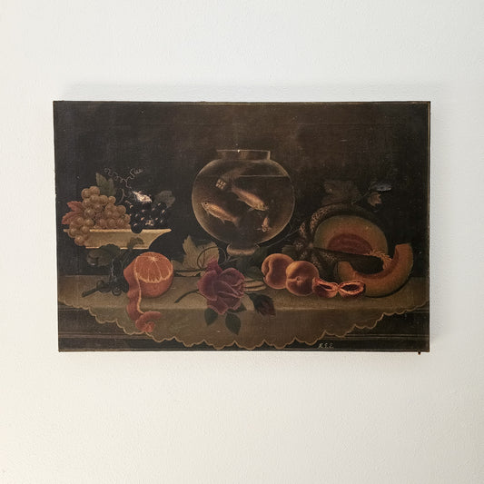 Antique Oil Painting – 19th-Century Still Life with Fish Bowl and Fruit