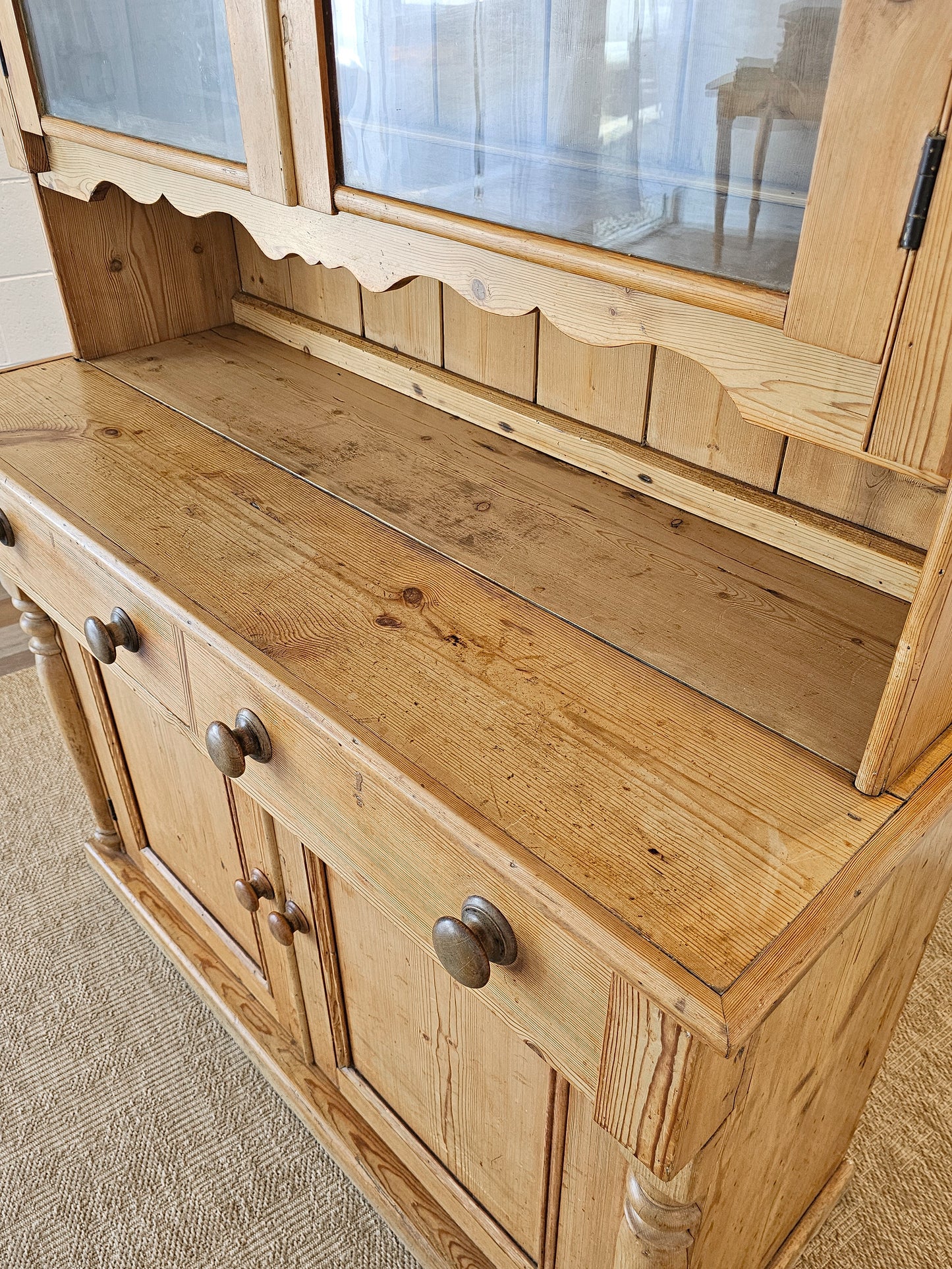 Antique English Pine Hutch with Glass Doors - Circa 1880