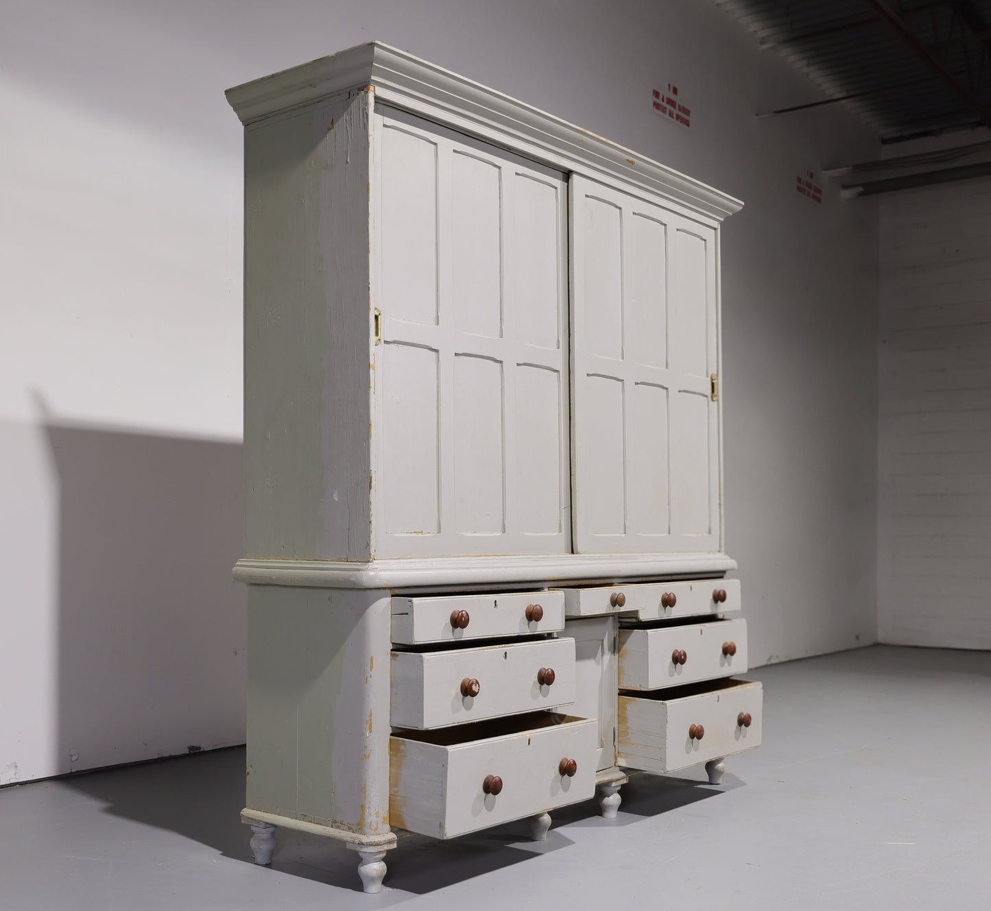 Massive Antique English Painted Pine Housekeeper’s Cupboard Sliding Doors Circa 1880