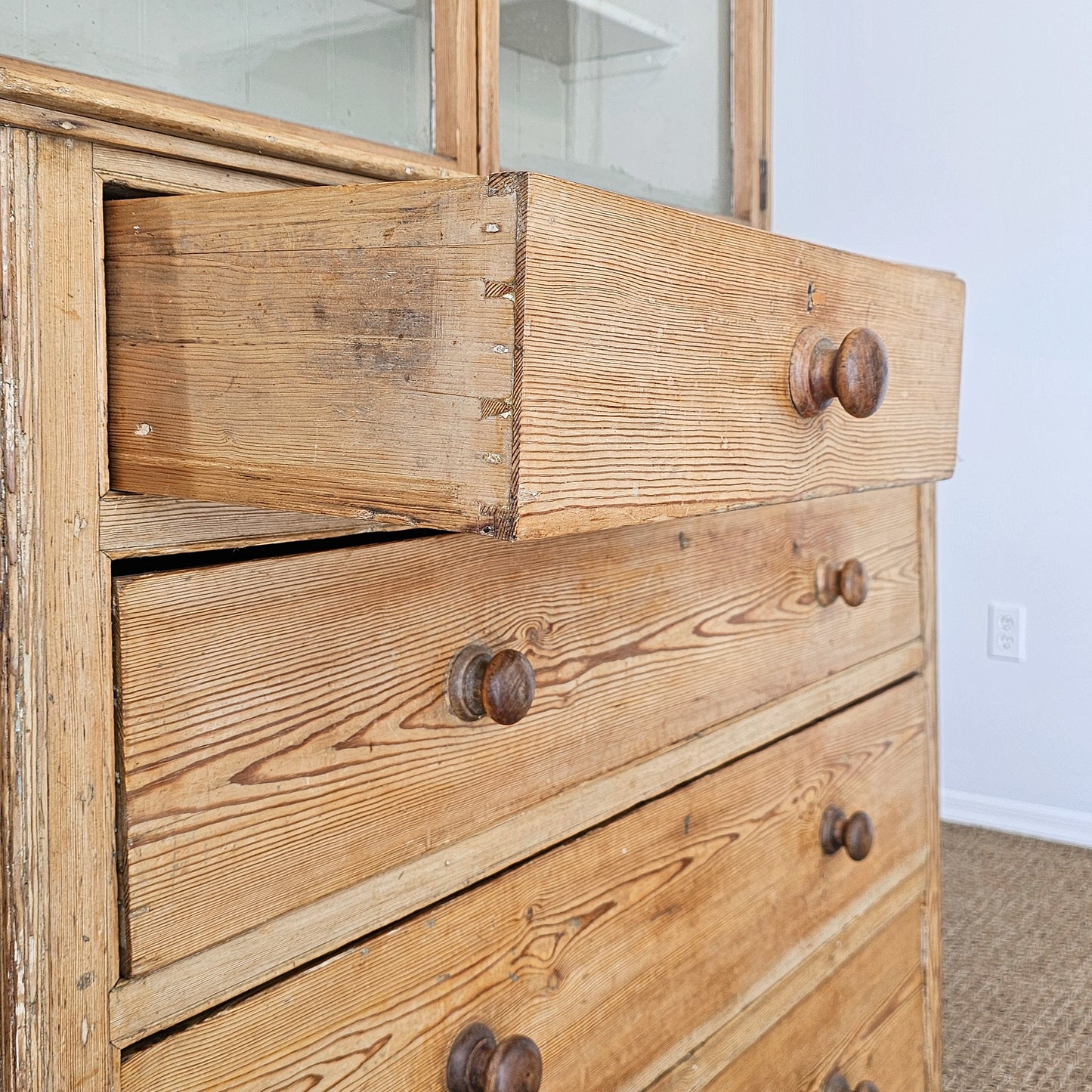 Antique English Pine Glazed Dresser Display Cabinet - Circa 1880