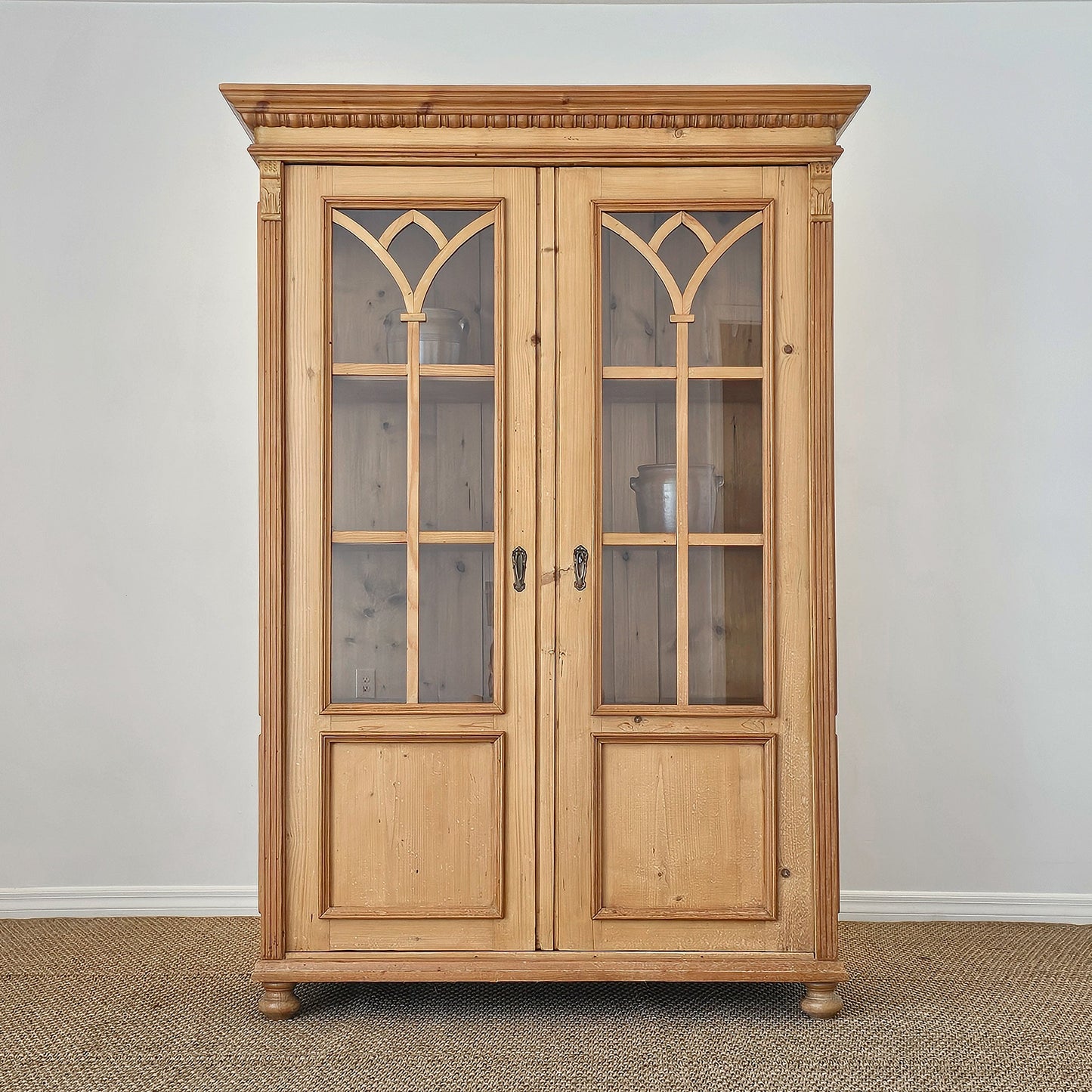 Antique English Pine Display Cabinet with glass doors