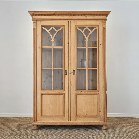 Antique English Pine Display Cabinet with glass doors