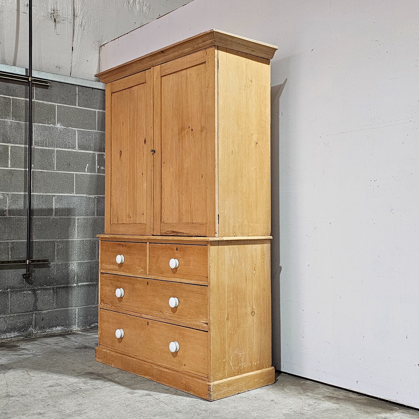 Antique English Pine Linen Press / Wardrobe - Circa 1890