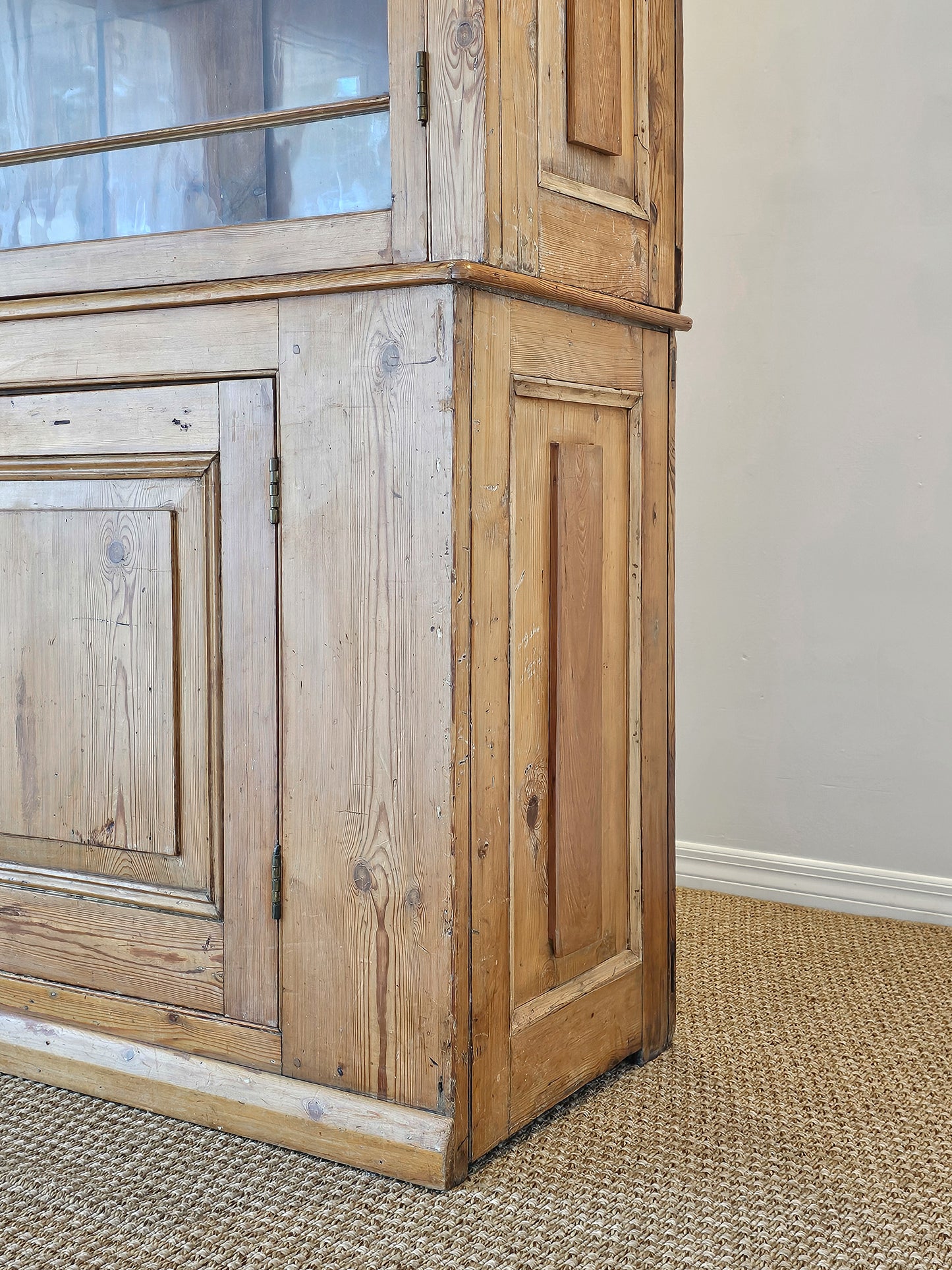Grand Antique English Pine Cabinet with Glass Doors - Circa 1890