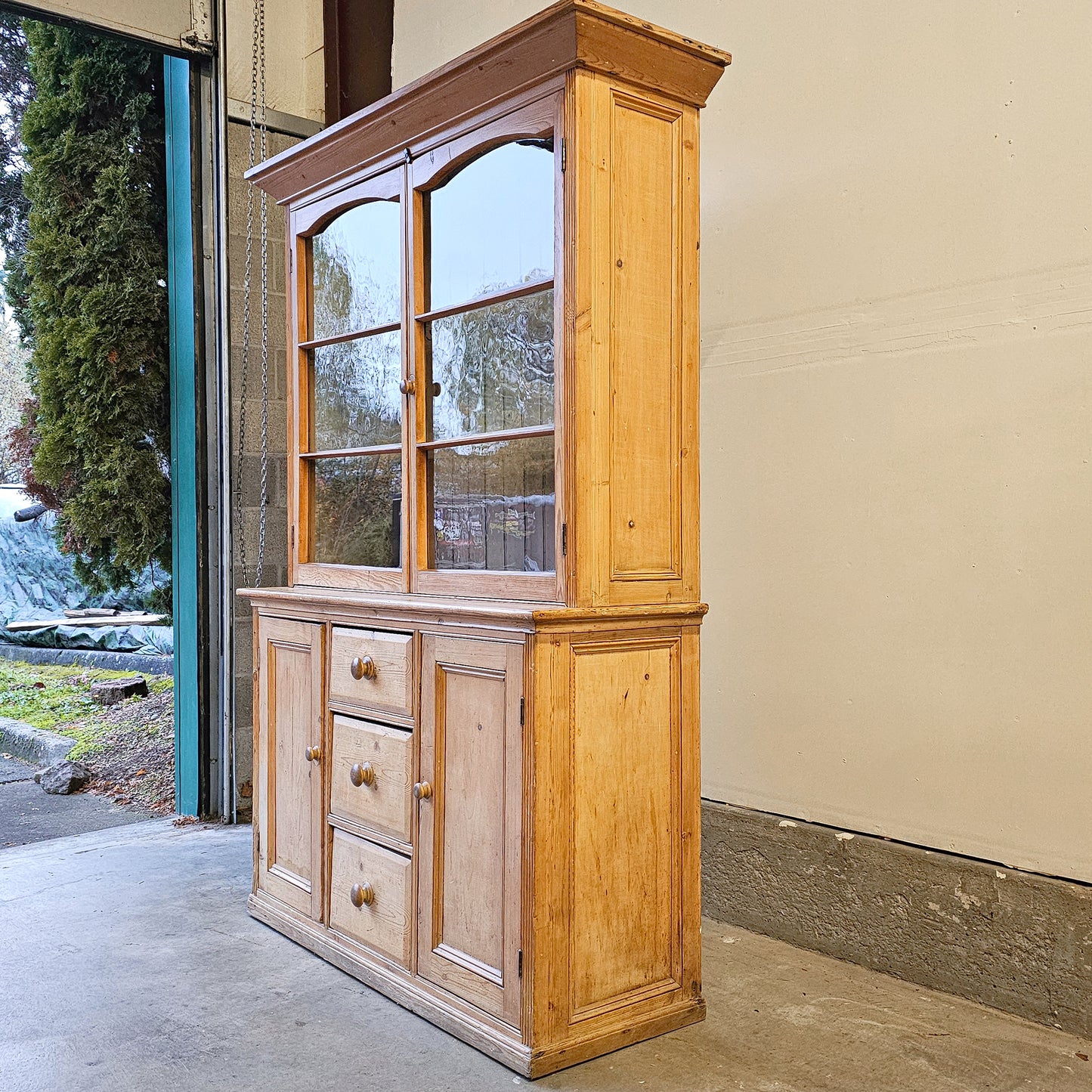 Antique Pine Glass-Front Hutch with Lower Cupboards & Drawers - Circa 1880