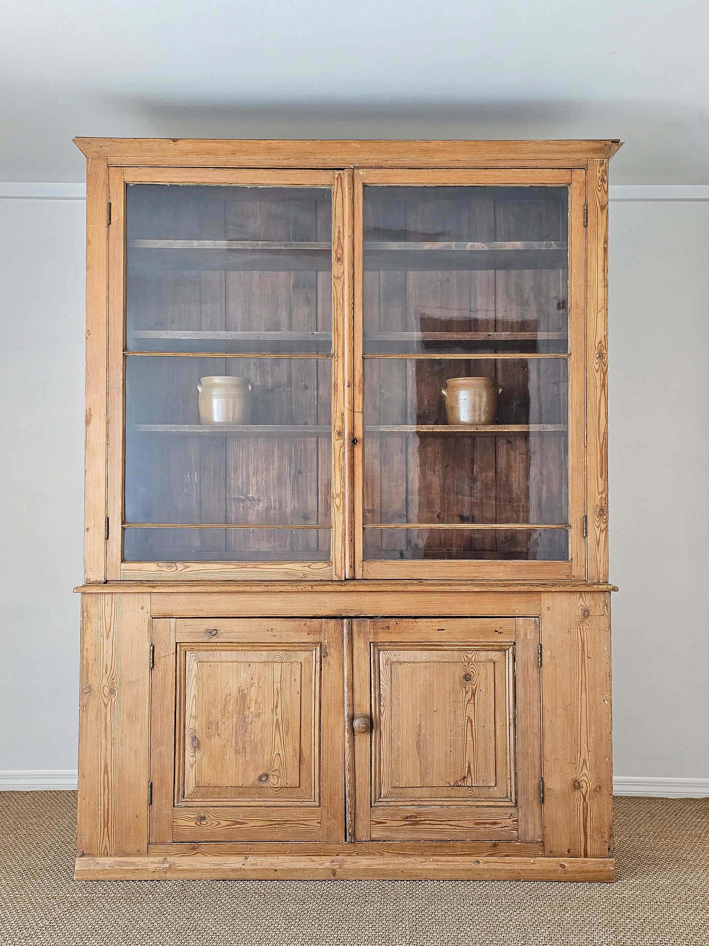Grand Antique English Pine Cabinet with Glass Doors - Circa 1890