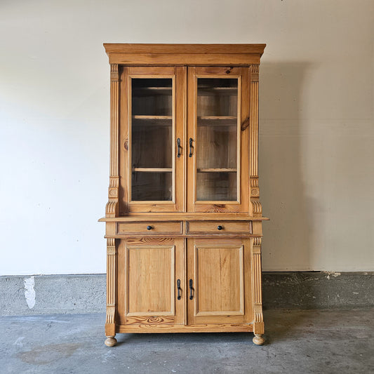 Antique pine hutch with glass doors - two pieces