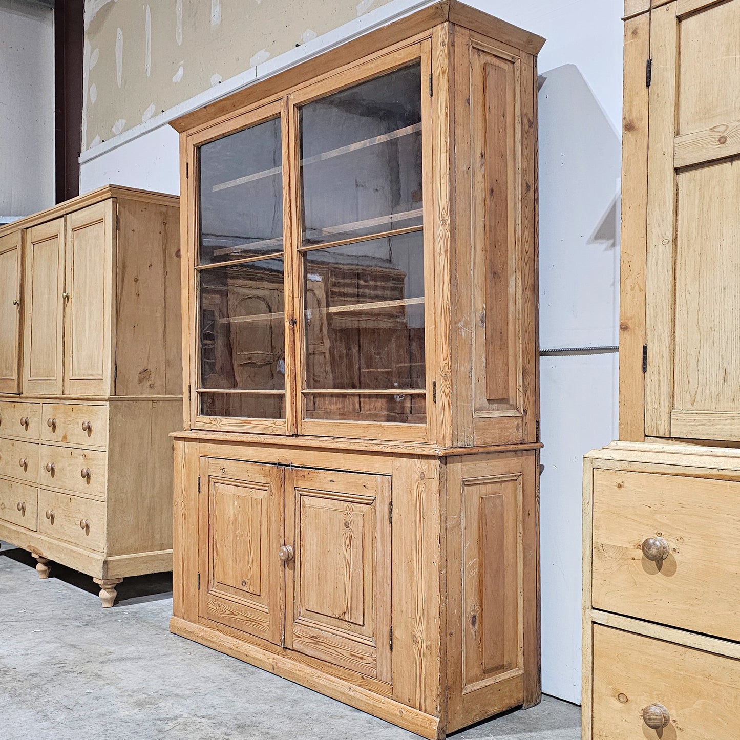 Grand Antique English Pine Cabinet with Glass Doors - Circa 1890