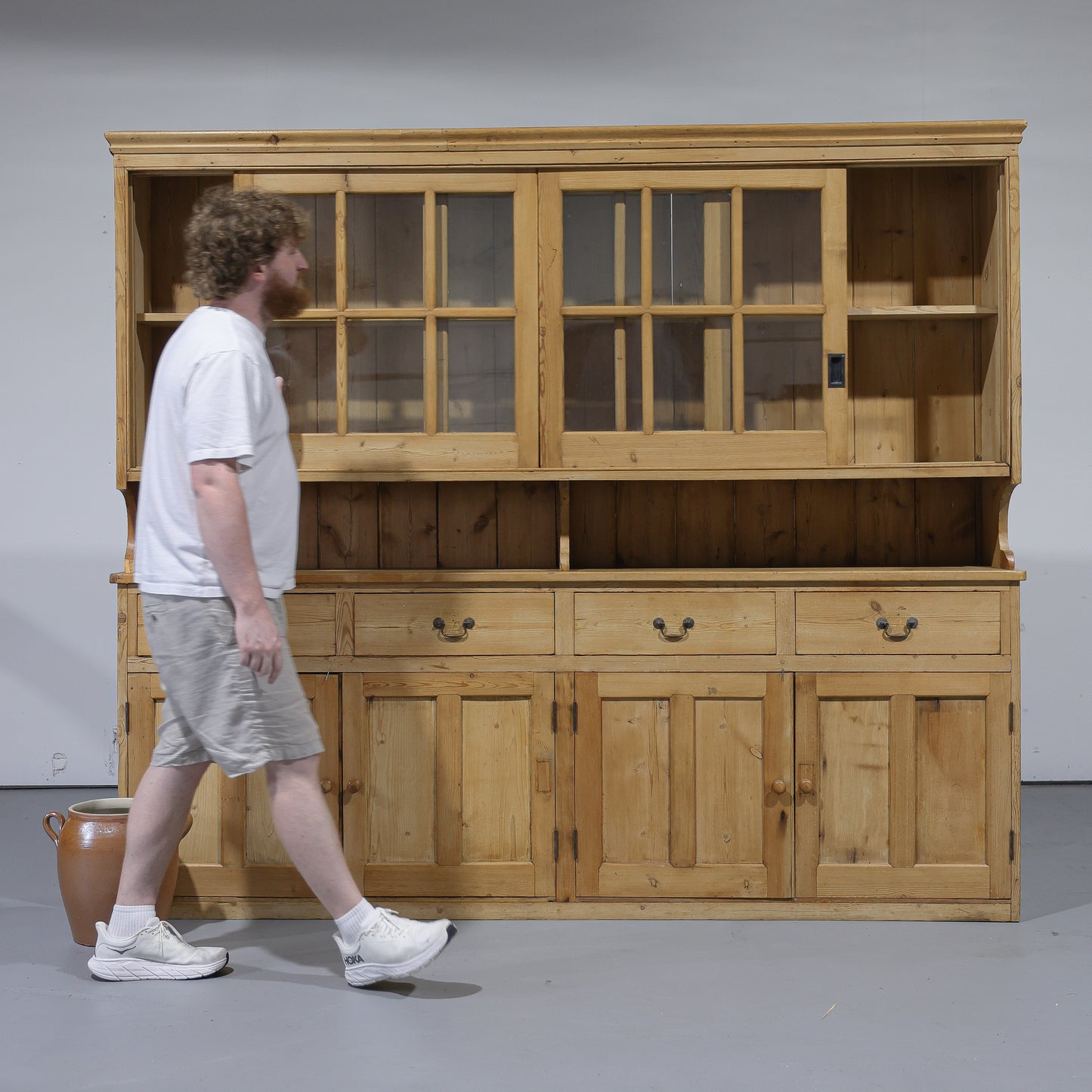 Massive Antique Pine Glazed Dresser with Sliding Doors | Circa 1880