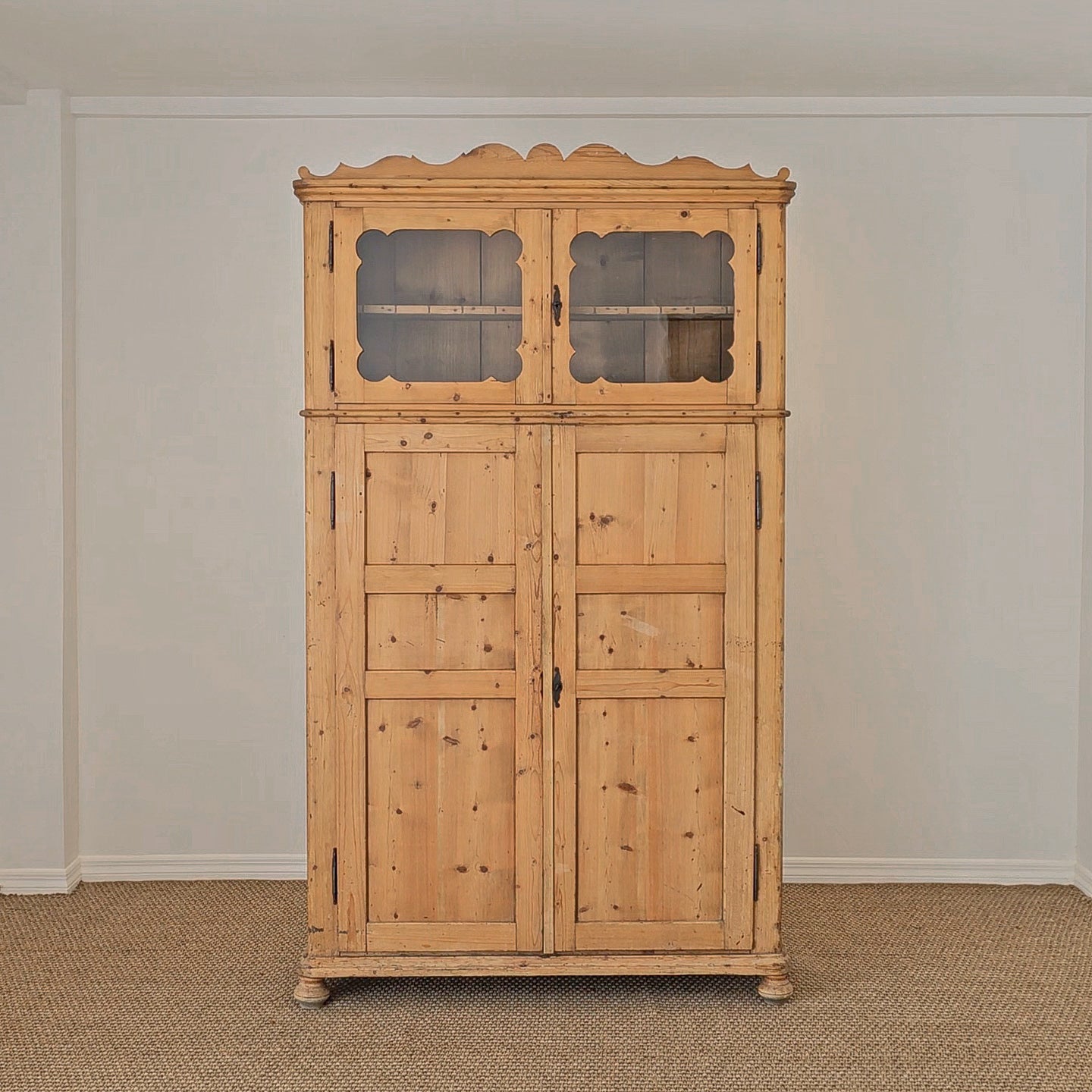 Antique Dutch Pine Kitchen Cabinet with glass doors