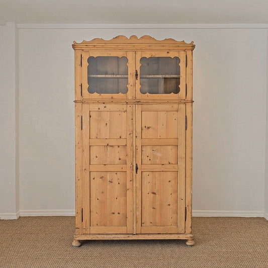 Antique Dutch Pine Kitchen Cabinet with glass doors