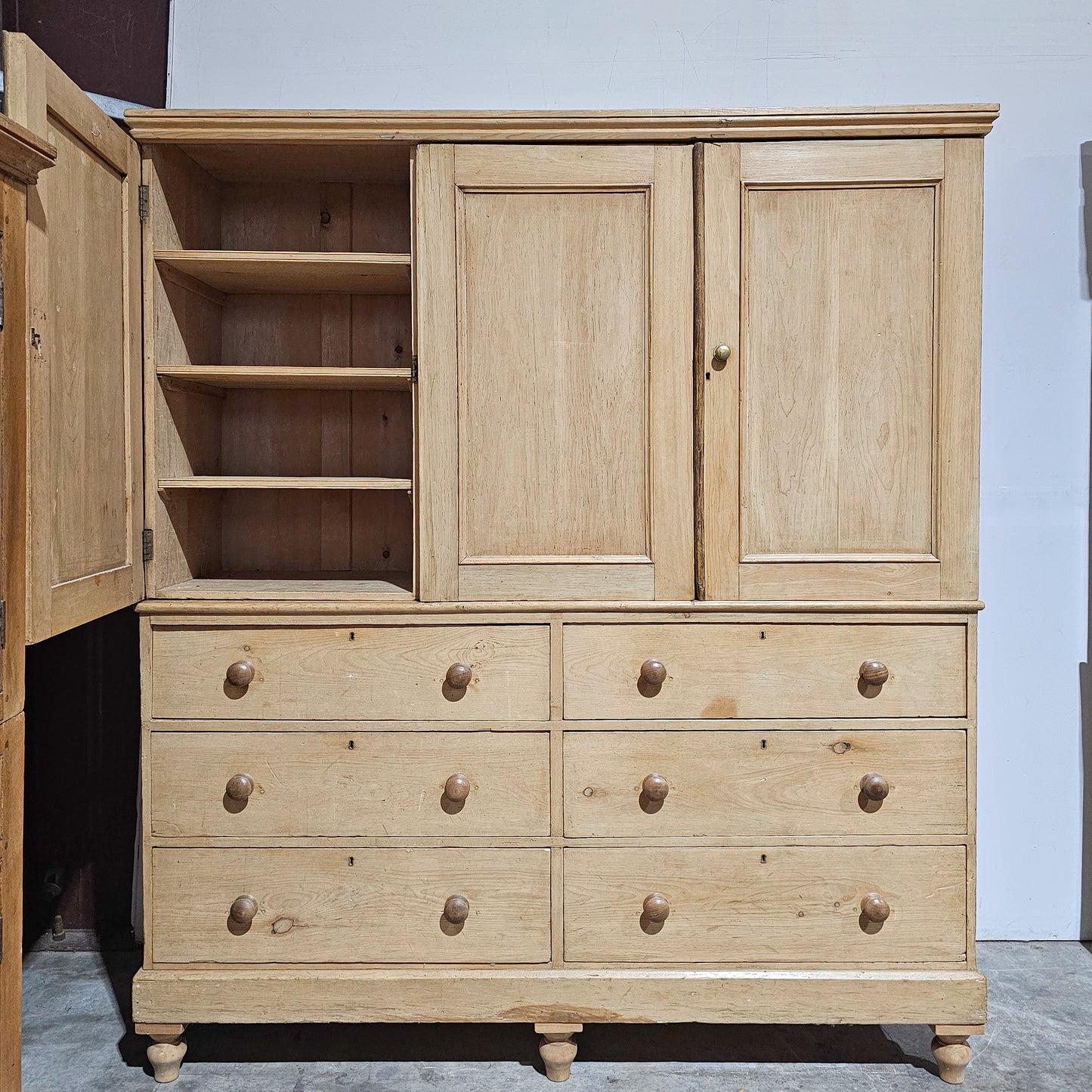 Stately Antique English Bleached Pine Linen Press Wardrobe - circa 1870