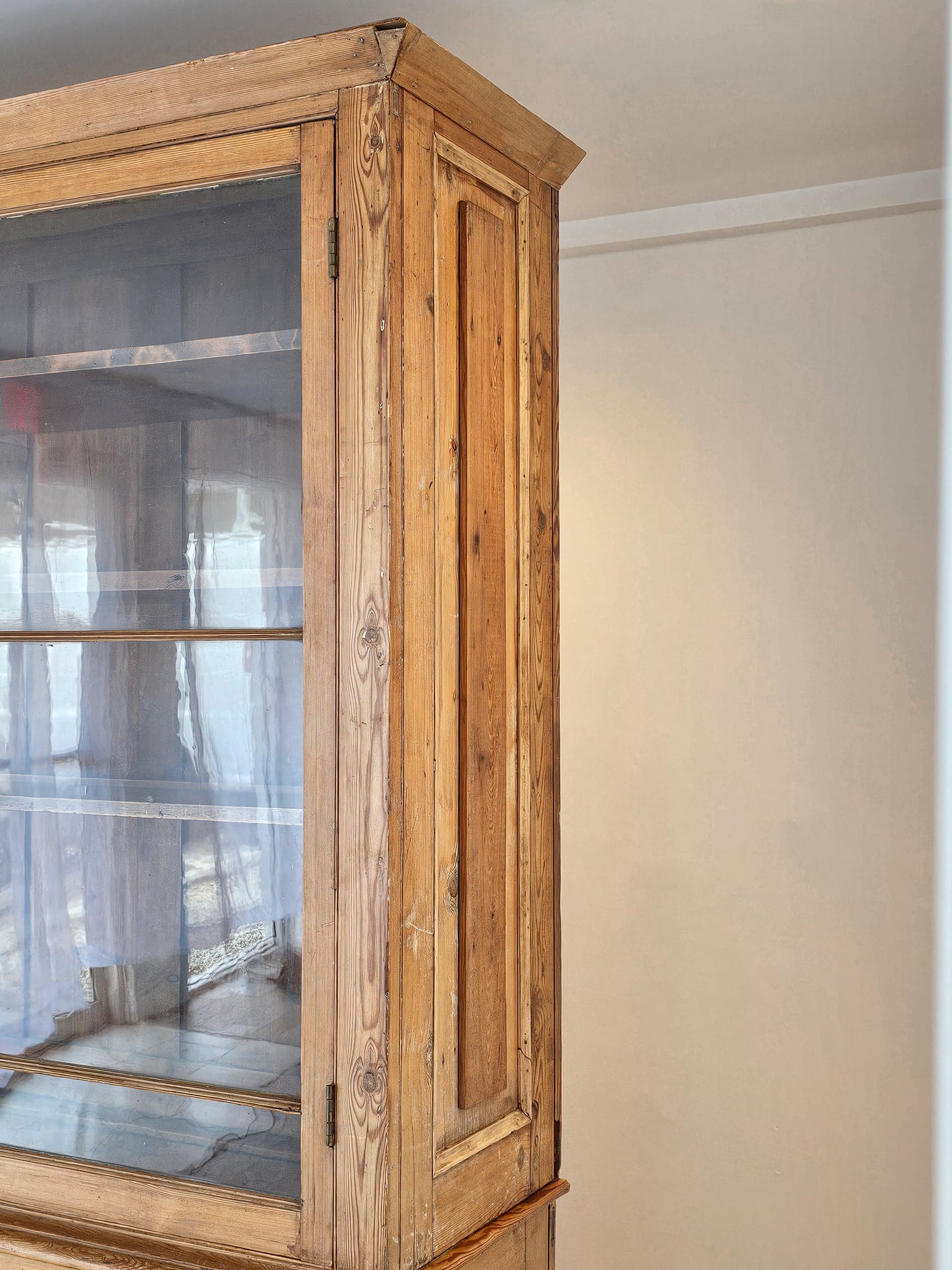 Grand Antique English Pine Cabinet with Glass Doors - Circa 1890