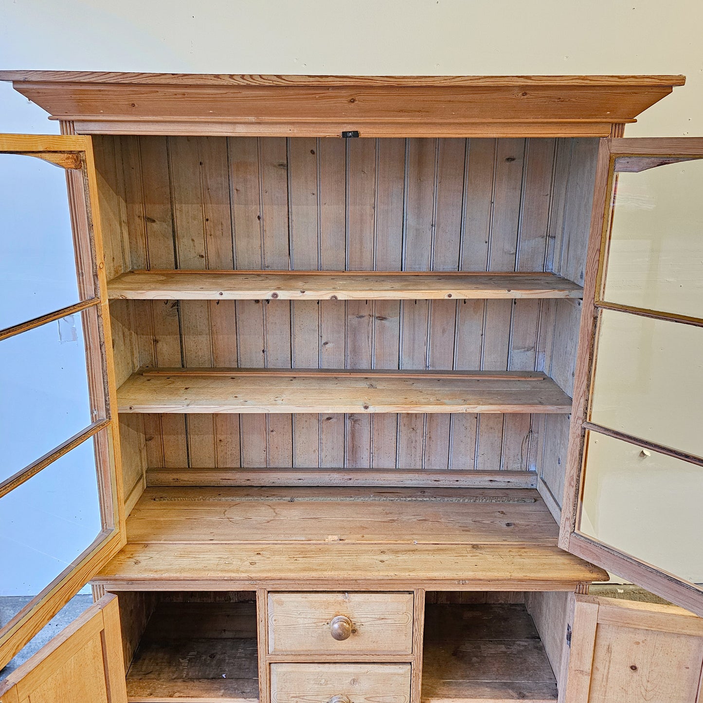Antique Pine Glass-Front Hutch with Lower Cupboards & Drawers - Circa 1880
