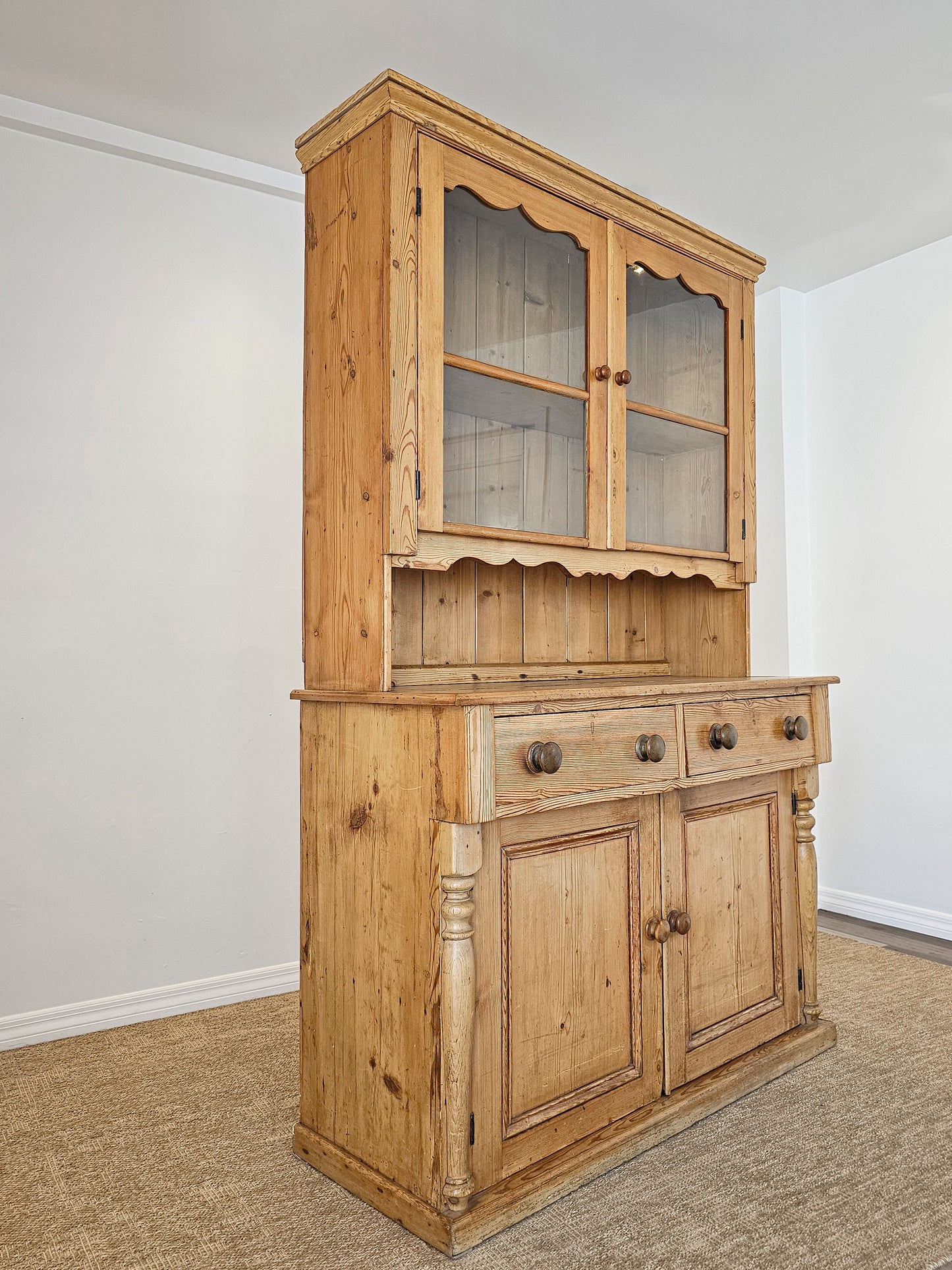 Antique English Pine Hutch with Glass Doors - Circa 1880