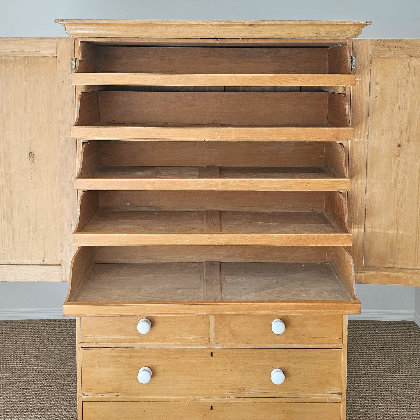 Antique English Pine Linen Press / Wardrobe - Circa 1890