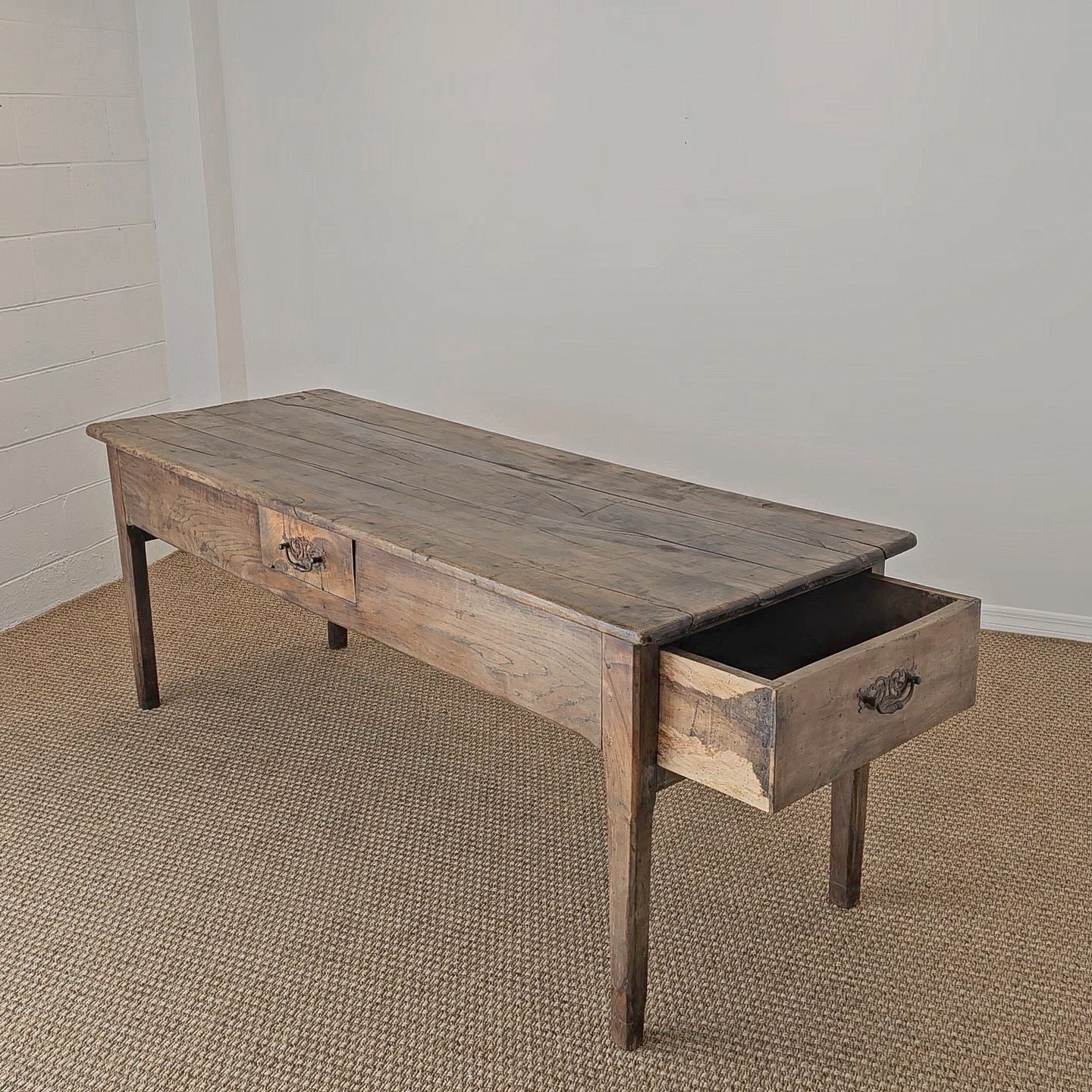 Antique French Elm Farm Dining Table with Drawers - Circa 1870