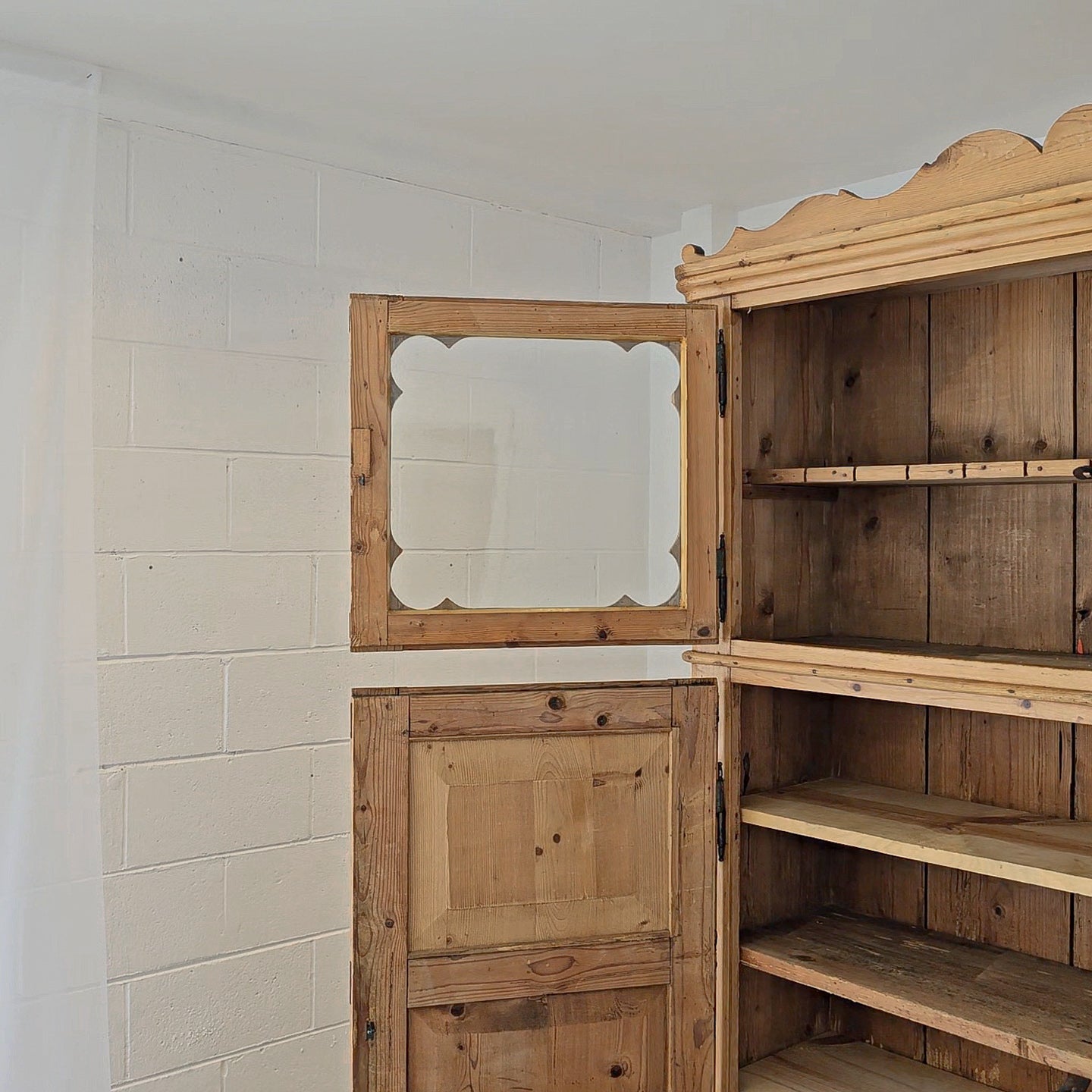 Antique Dutch Pine Kitchen Cabinet with glass doors