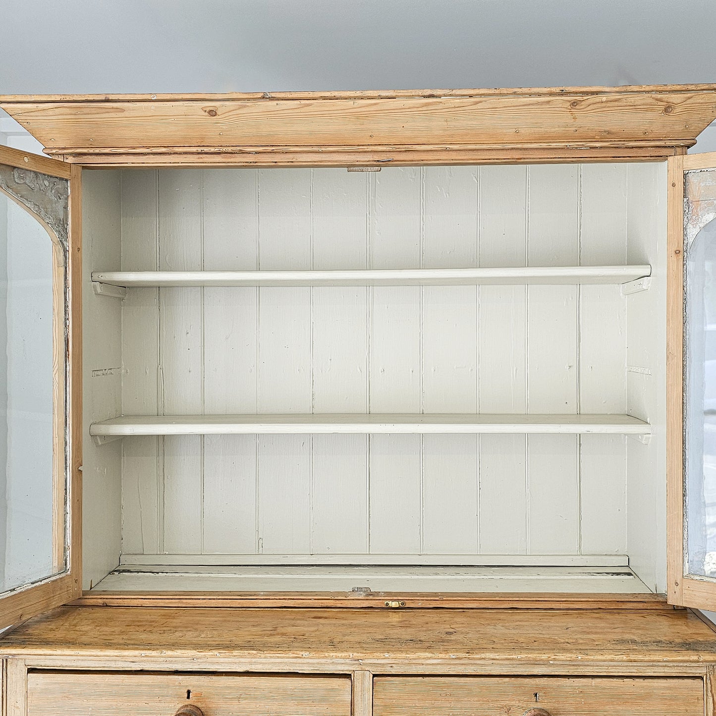 Antique English Pine Glazed Dresser Display Cabinet - Circa 1880