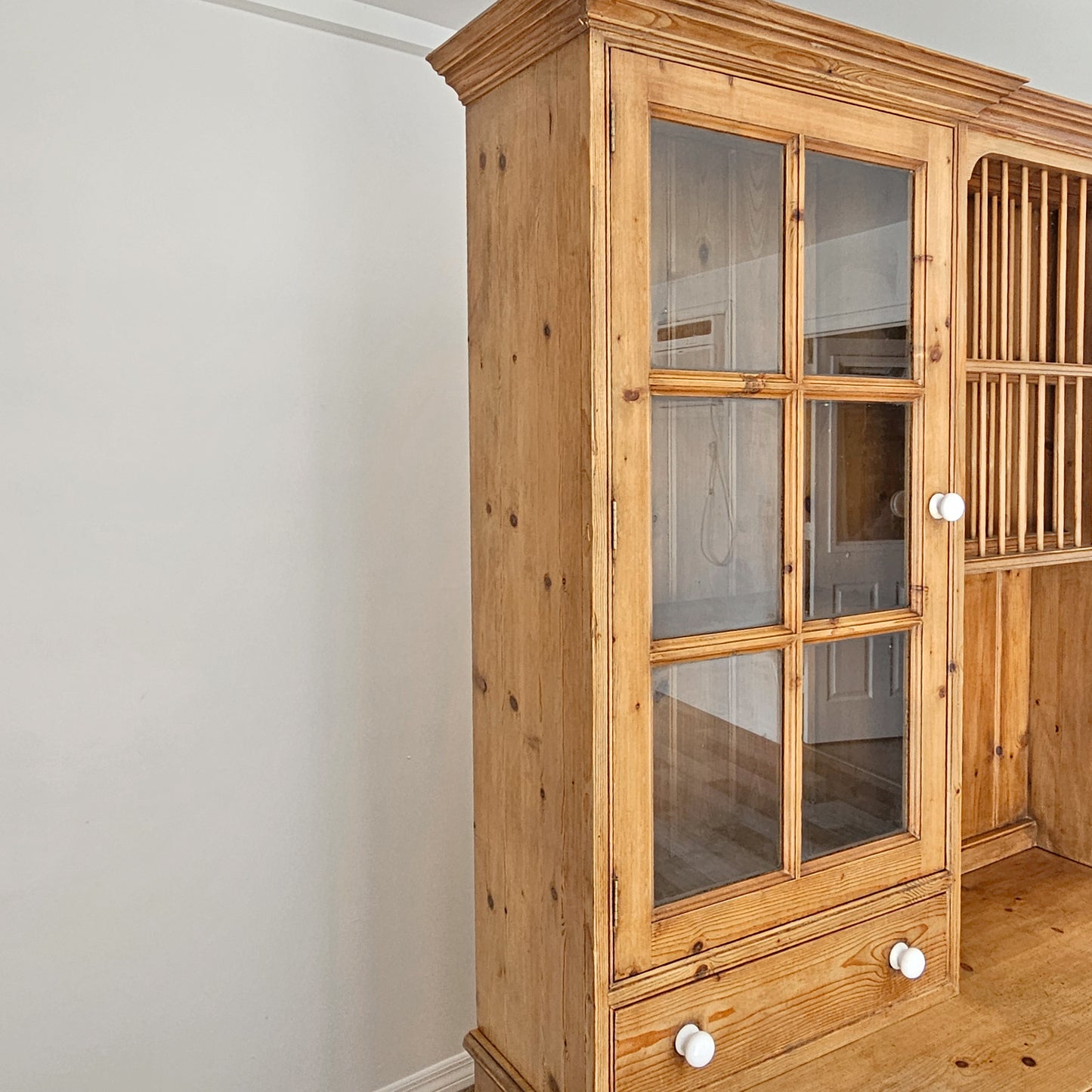 Vintage English Pine Kitchen Hutch with Plate Rack & Wine Storage