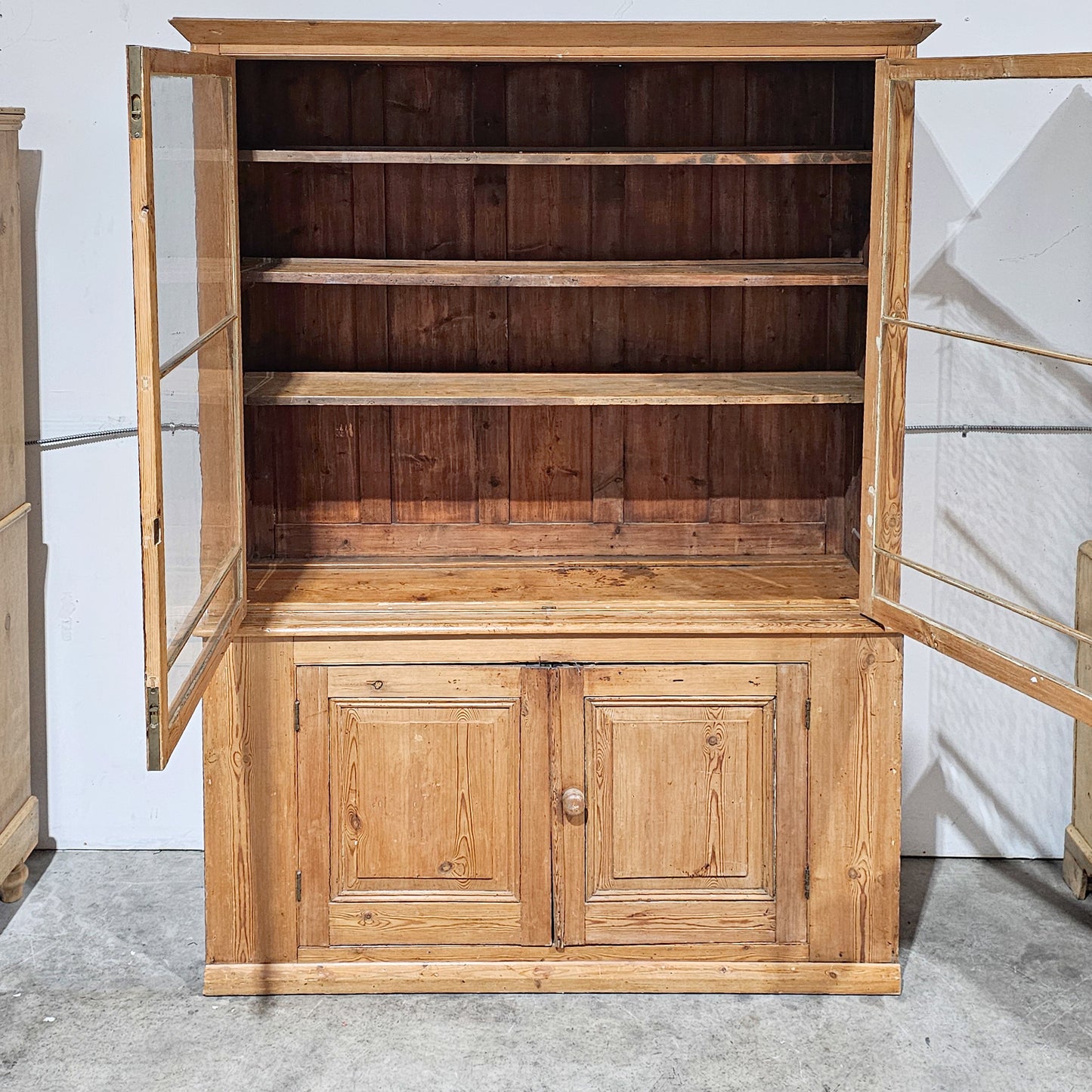 Grand Antique English Pine Cabinet with Glass Doors - Circa 1890