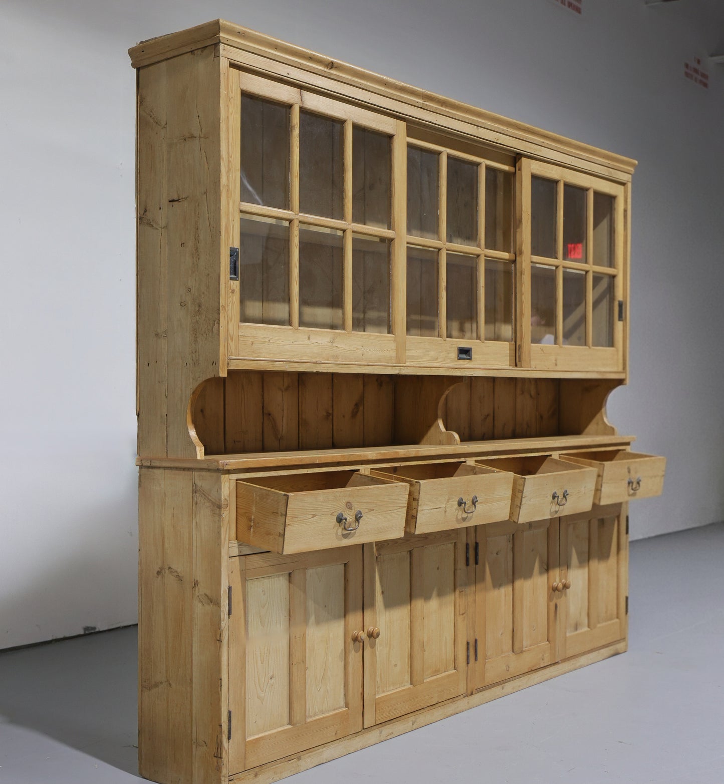 Massive Antique Pine Glazed Dresser with Sliding Doors | Circa 1880