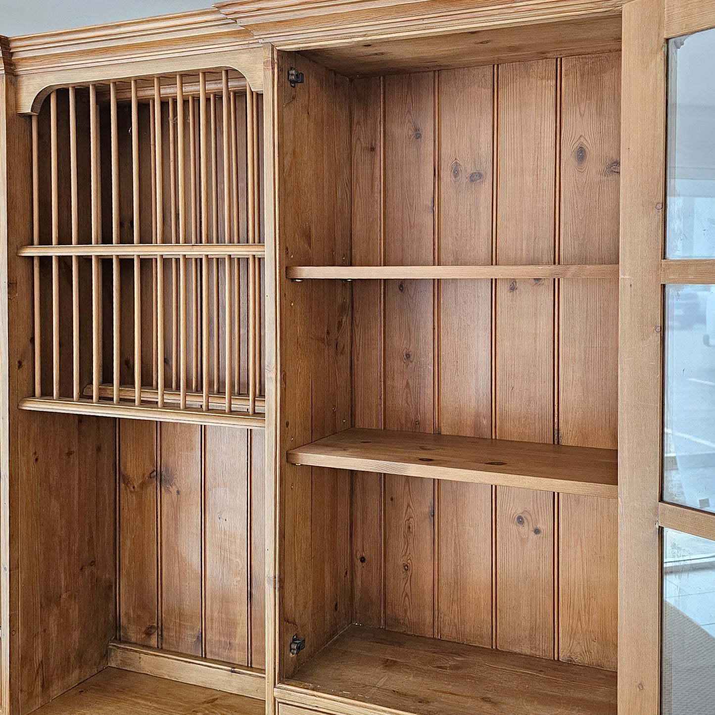 Vintage English Pine Kitchen Hutch with Plate Rack & Wine Storage