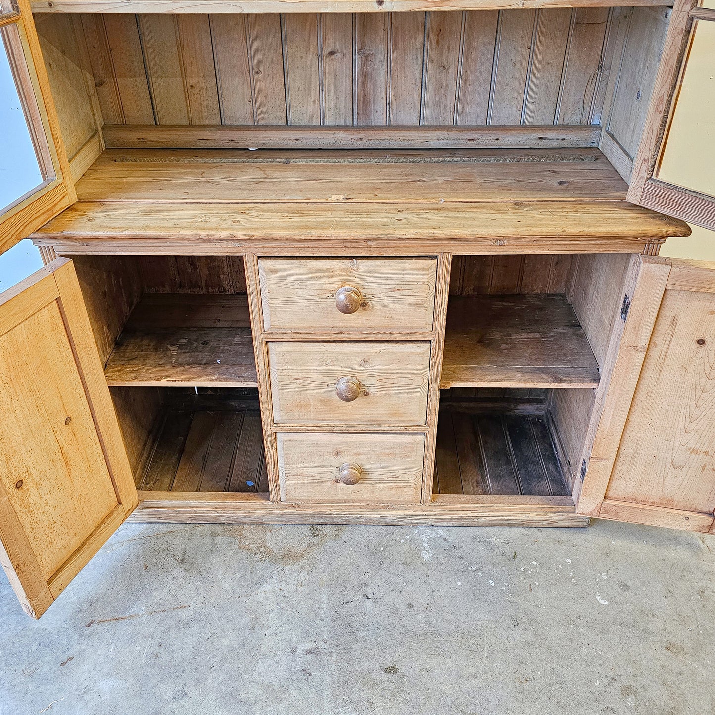 Antique Pine Glass-Front Hutch with Lower Cupboards & Drawers - Circa 1880