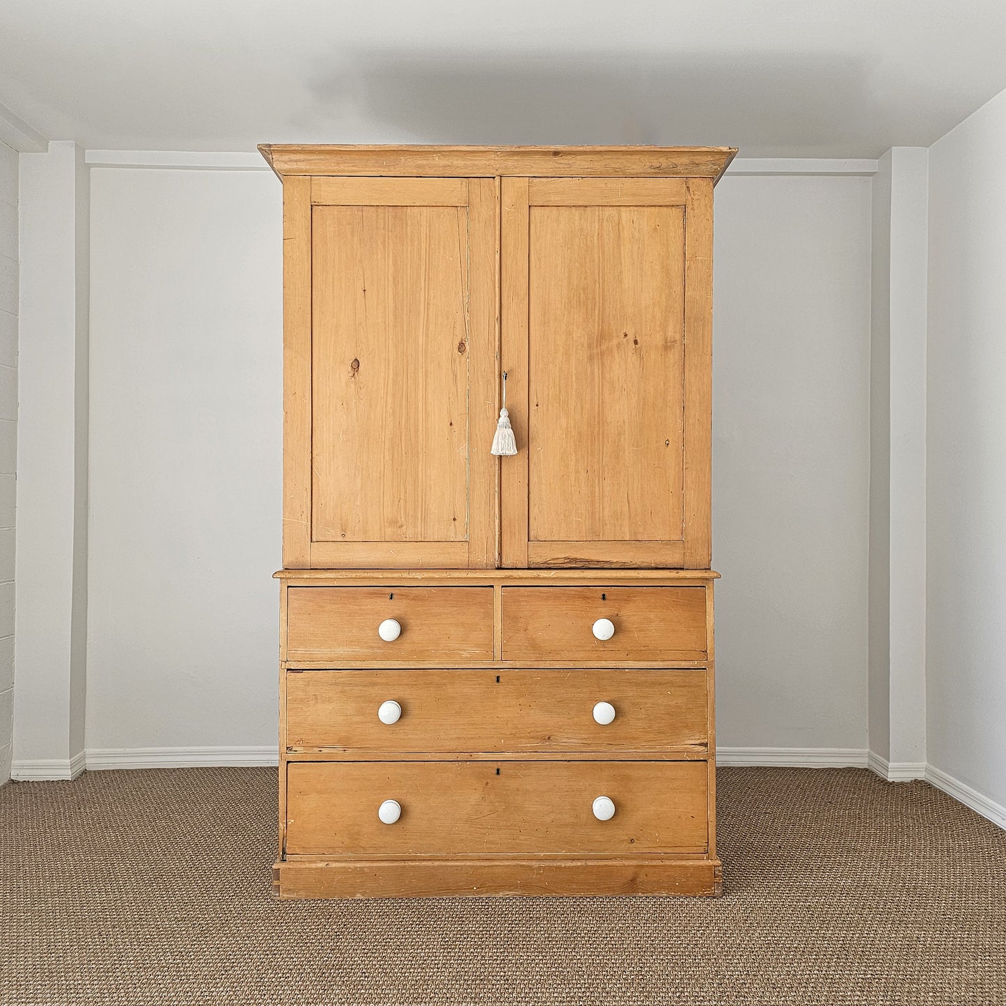 Antique English Pine Linen Press / Wardrobe - Circa 1890