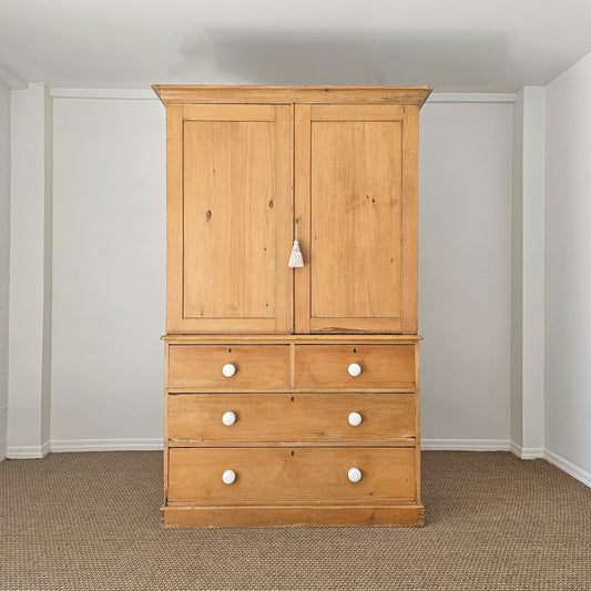 Antique English Pine Linen Press / Wardrobe - Circa 1890